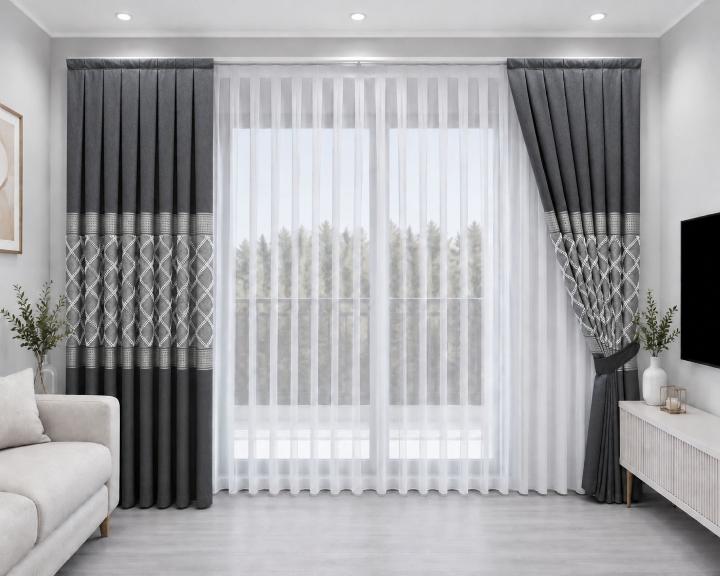 Gardinen by Justyna Vorhang Anthrazit Falten Fon Gardine Komplett Set (5 St), Kräuselband, halbtransparent, Fertiggardine,Hochwertiggardine,Turkischegardine,Perde,Pileli Tül