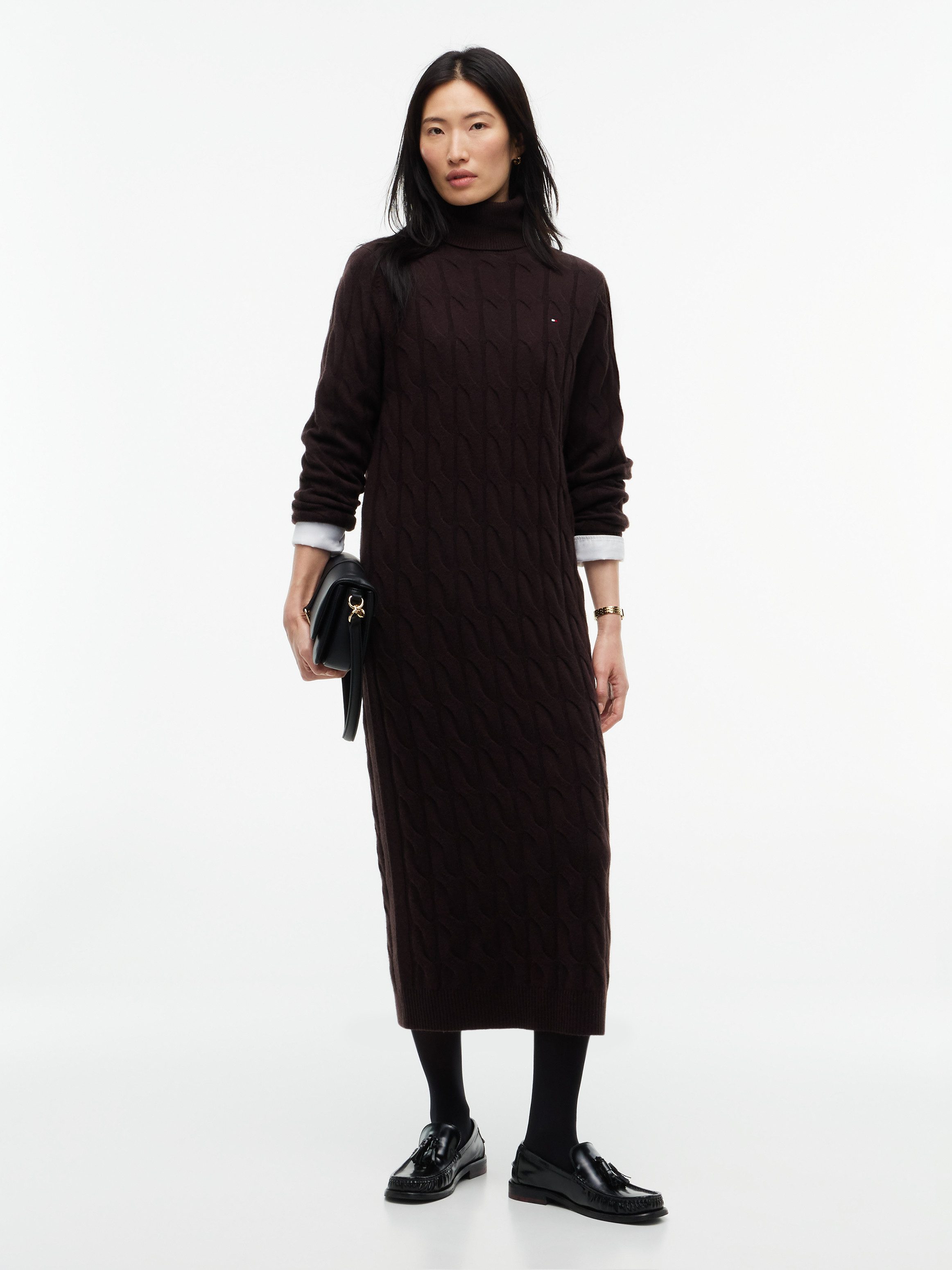Tommy Hilfiger Strickkleid SOFT WOOL CABLE ROLL-NK LS DRESS aus reiner Wolle, mit Zopfmuster