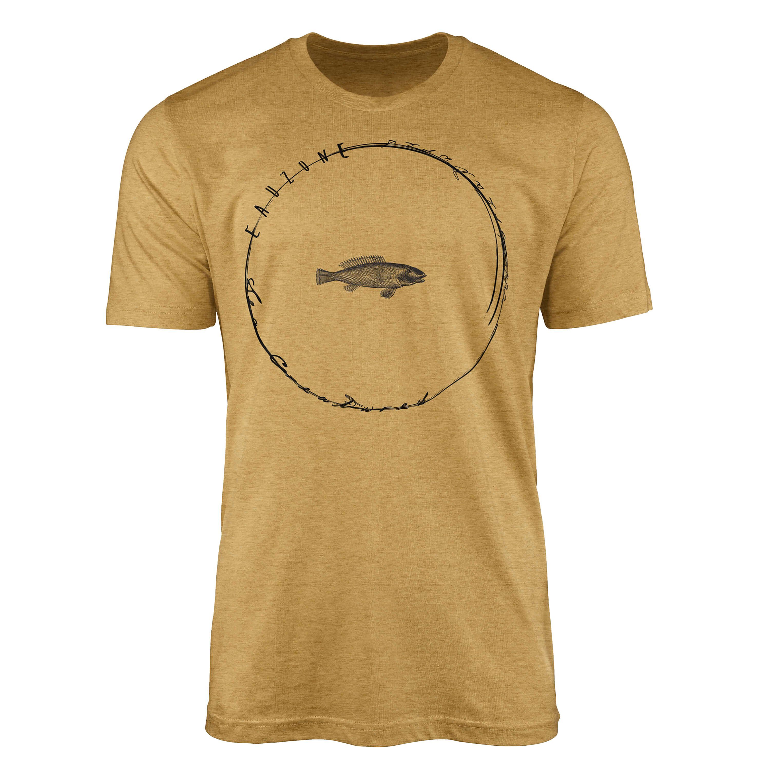 und T-Shirt feine T-Shirt 004 Art Serie: / Sinus sportlicher - Creatures, Fische Gold Sea Antique Struktur Schnitt Tiefsee Sea