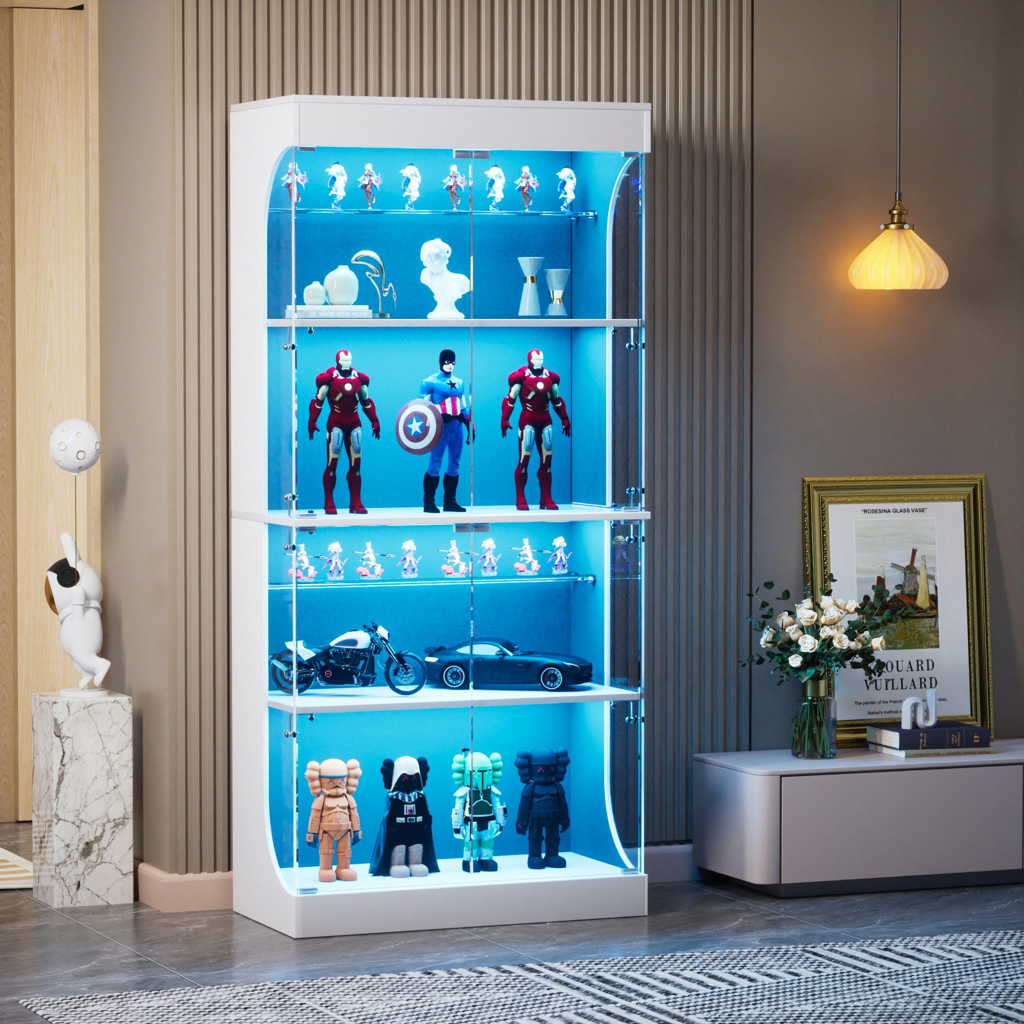 STILVORA Hochschrank Glasvitrine mit Stauraum Highboard LED-Beleuchtung, weiß (Glasvitrine mit LED, Sensor, USB-C, 80×35×165cm, Glastüren, Ladestation, 3 Lichtfarben, 2 Einlegeböden) Für Wohnzimmer, Schlafzimmer, Arbeitszimmer, Ausstellungsraum