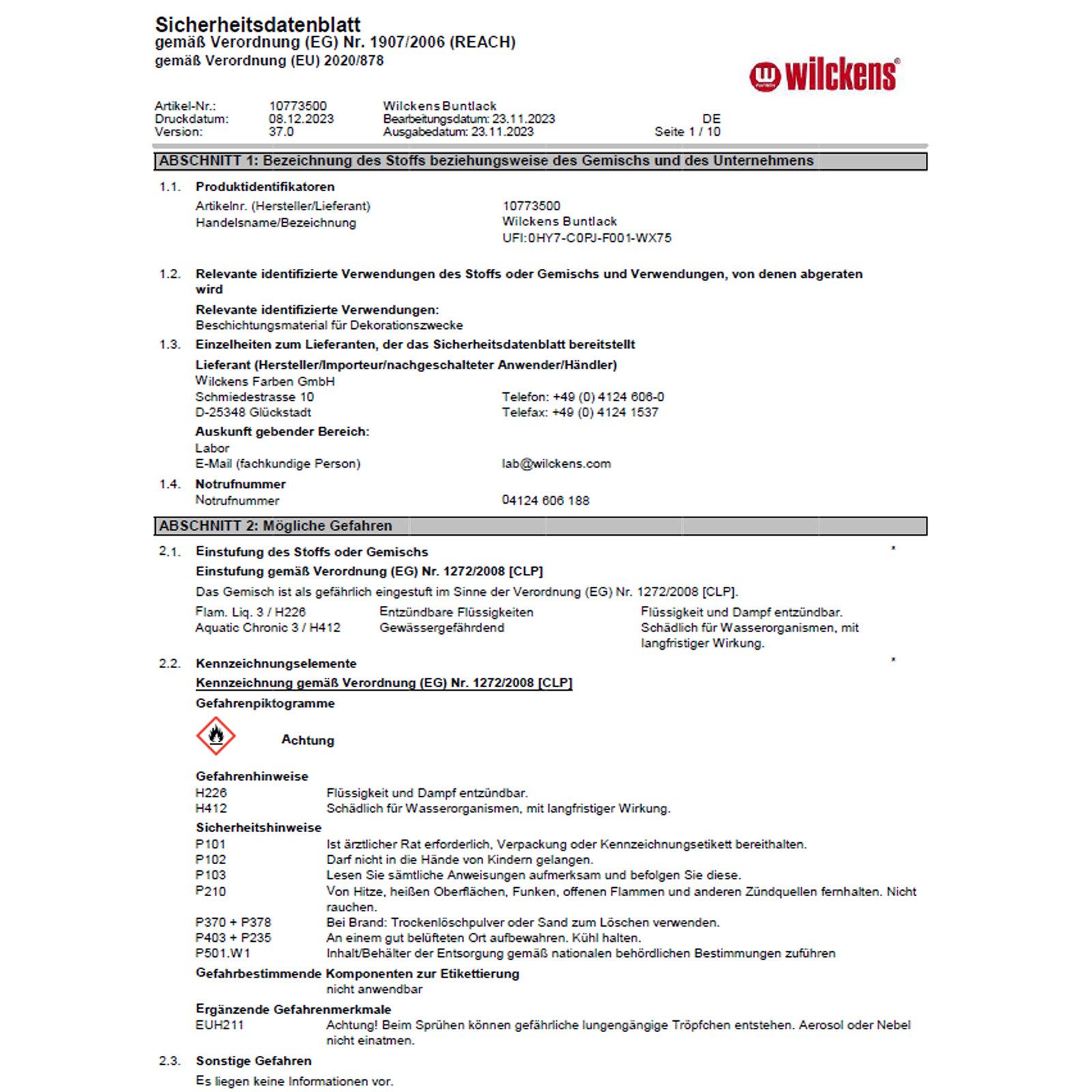 Wilckens Farben Lack Buntlack hochglänzend - 0.375 Liter