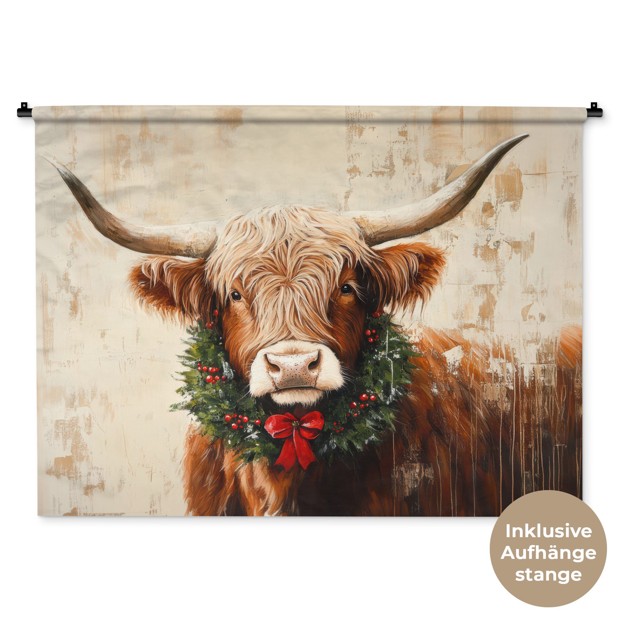 MuchoWow Wandteppich Weihnachten - Schottischer Highlander - Braun - Kranz, Rechteckig, Höhe: 3 mm, Wanddeko Teppich Wohnzimmer, Schlafzimmer, 120x90 cm