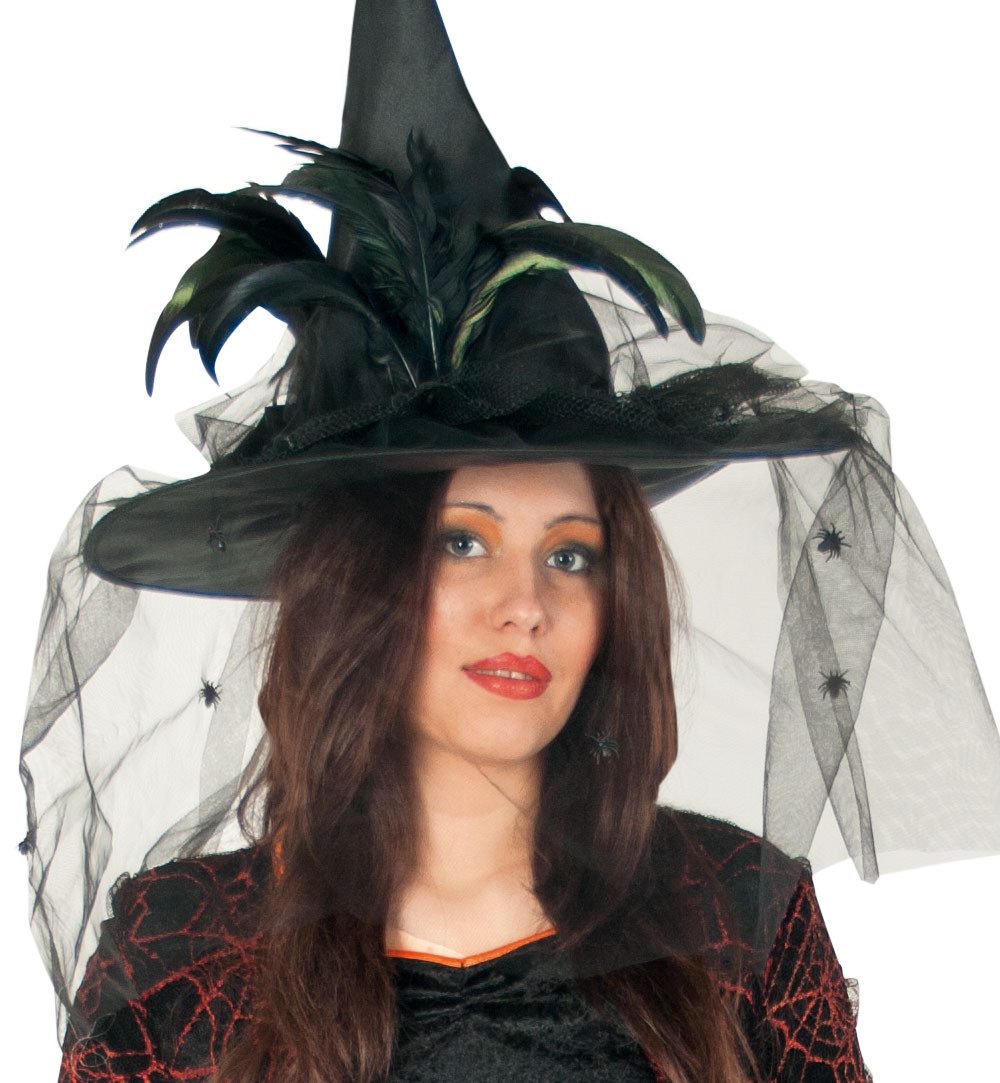 Hexen-Kostüm Damen Luxus Hexen Hut Netztüll & Federn Schwarz Halloween Karneval