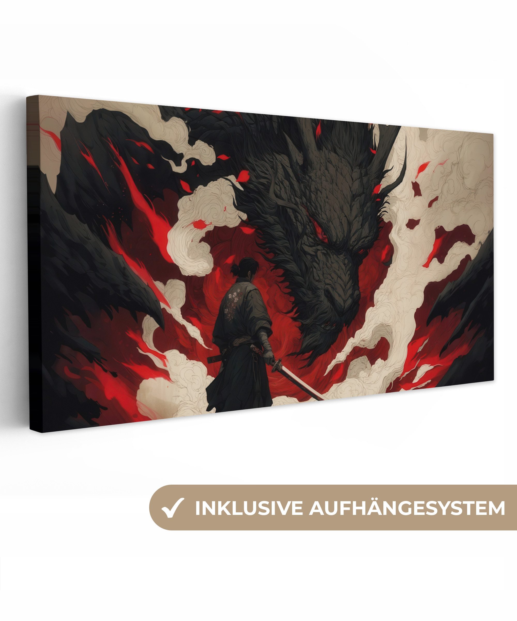 OneMillionCanvasses® Leinwandbild Panorama Krieger - Drache - Schwarz - Rot - Rauch, Fotodruck (1 St), Wandbild, Deko Schlafzimmer Wohnzimmer Flur 40x20 cm