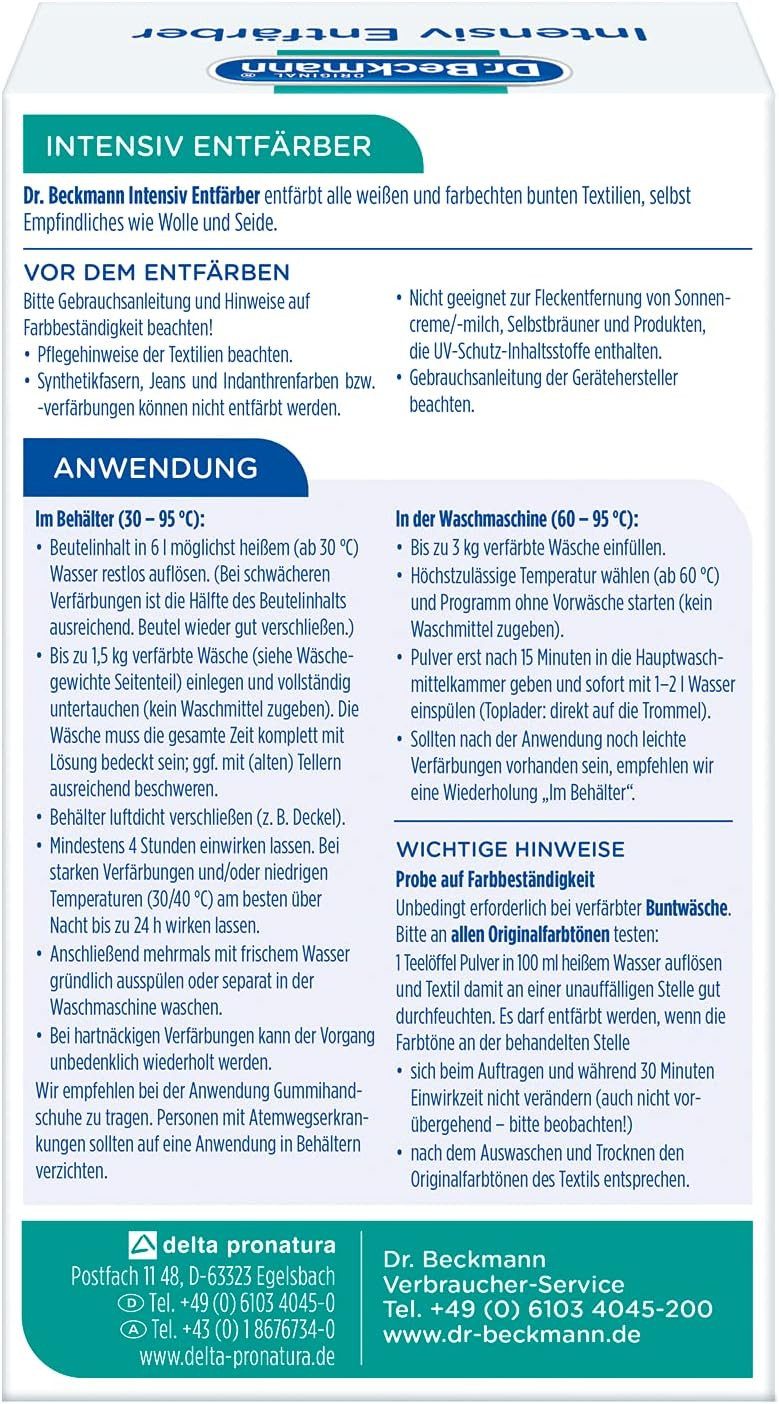Dr. Beckmann 1x Intensiv Entfärber- Stellt Originalfarben wieder her 200 g Spezialwaschmittel (1-St. Wäsche erfolgreich entfärben und verfärbte Textilien retten Stellt)