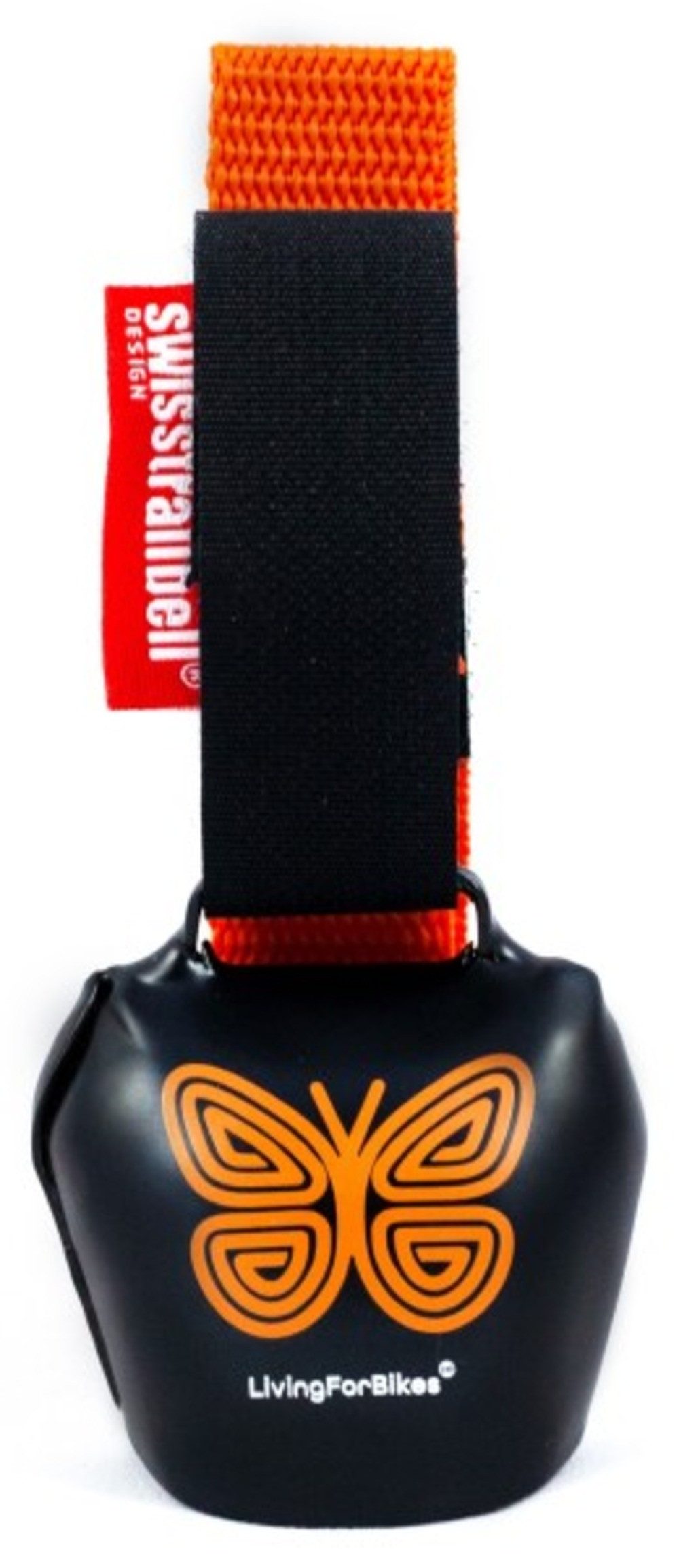 swisstrailbell Fahrradklingel "Mexico Edition" Deep Black: Orange Mariposa, orangenes Band, Fahrradklingel im Kuhglocken-Design