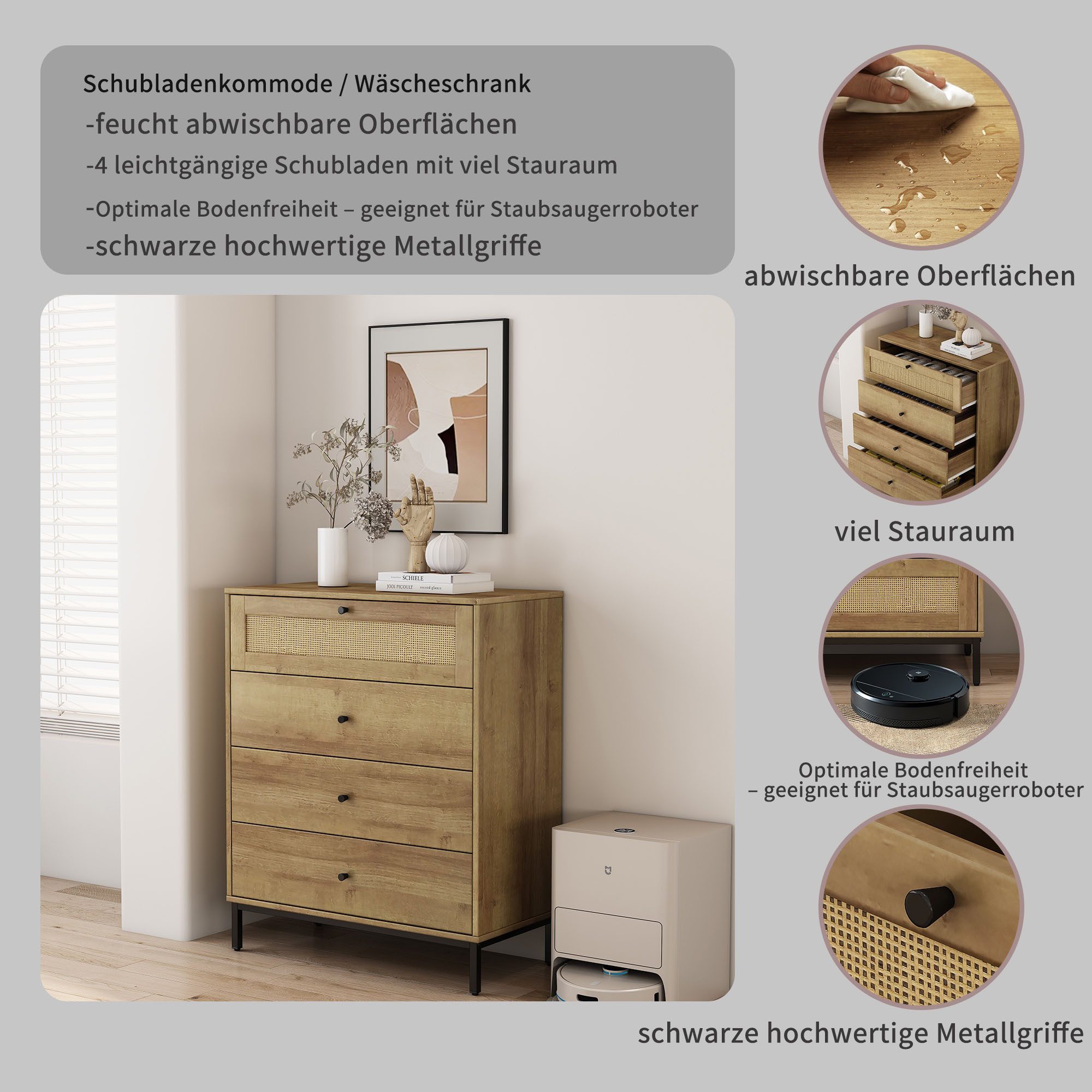 OTTO home Kombikommode Motala Schlafzimmerschrank Garderobe Boho Eichen-Design (Eichen-Design mit Geflecht Schublade und schwarzen Griffen), Schrank Schlafzimmer mit 4 Schubladen hochwertig