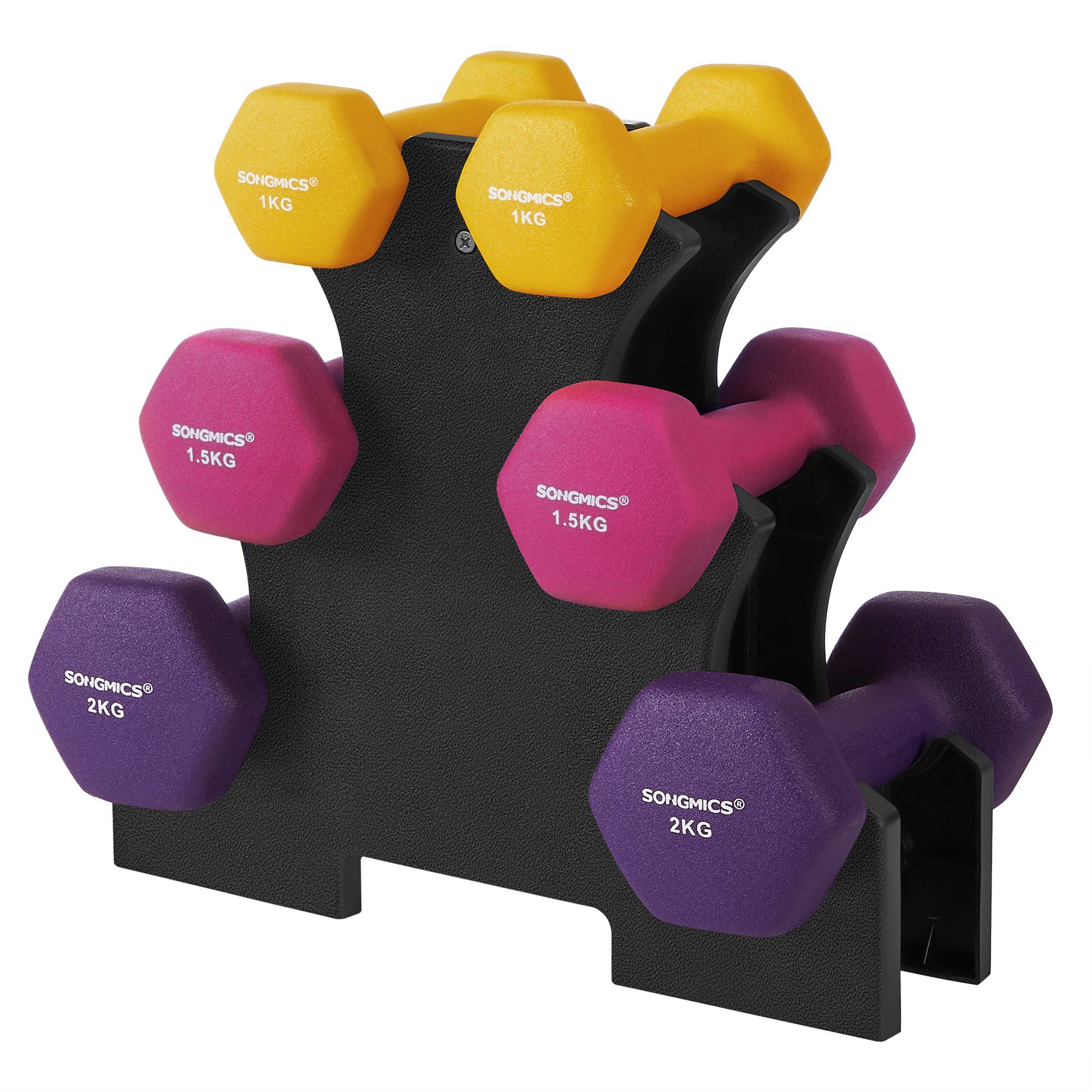 SONGMICS Hantel-Set Kurzhantel Set, 2 x 1 kg, 2 x 1,5 kg, 2 x 2 kg, Krafttraining, Hause, Hexagon, mit Hantelständer, Neopren-Beschichtung, gelb, rosa und lila