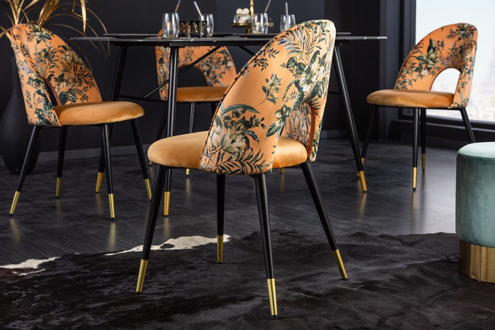 riess-ambiente Esszimmerstuhl PRÊT-À-PORTER gelb/schwarz – Samt, florales Muster, goldene Fußkappen (Einzelartikel, 1 St), Retro-Stuhl mit Glamour-Effekt – ideal für Esszimmer oder Büro