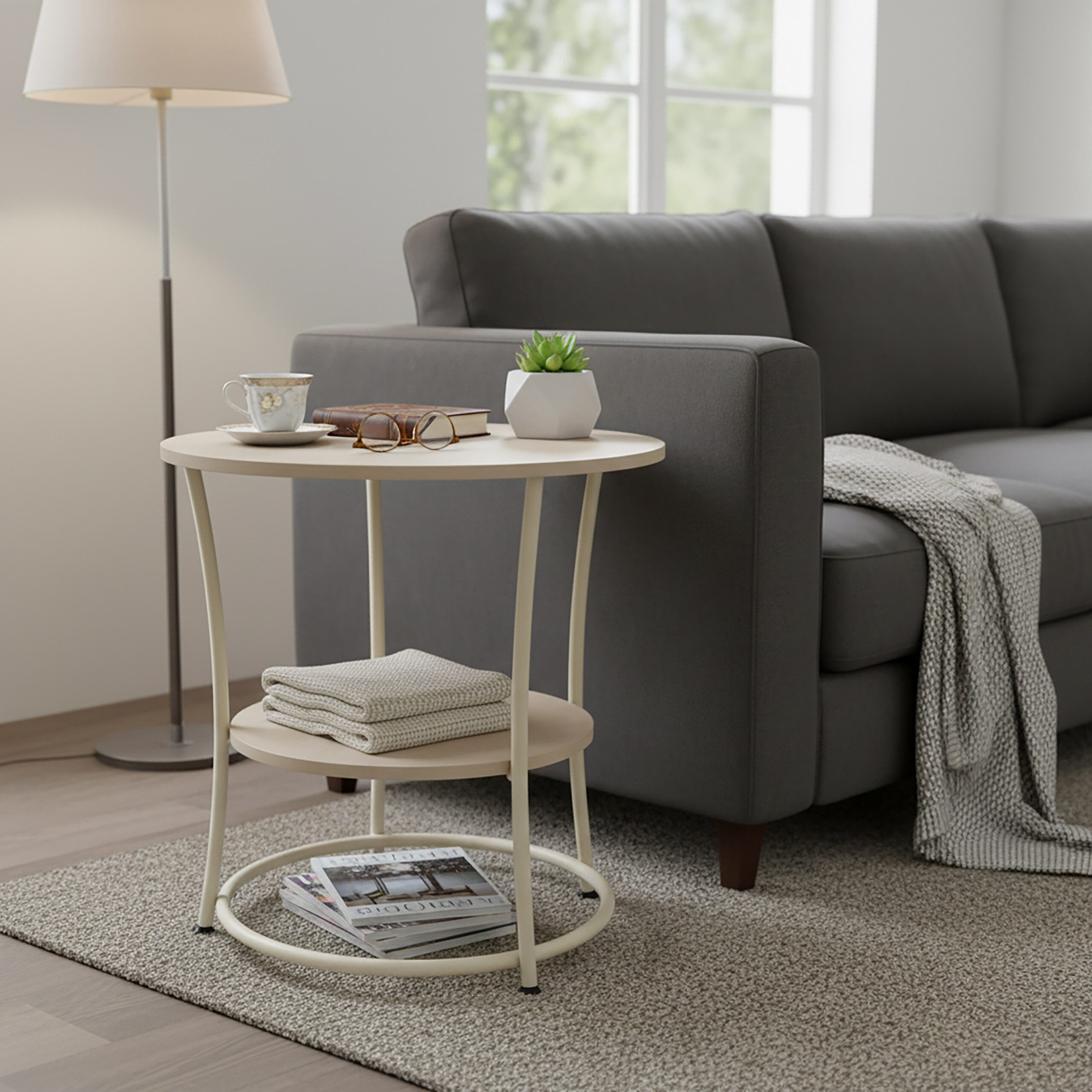 relaxdays Beistelltisch mit 2 Ablage, Creme