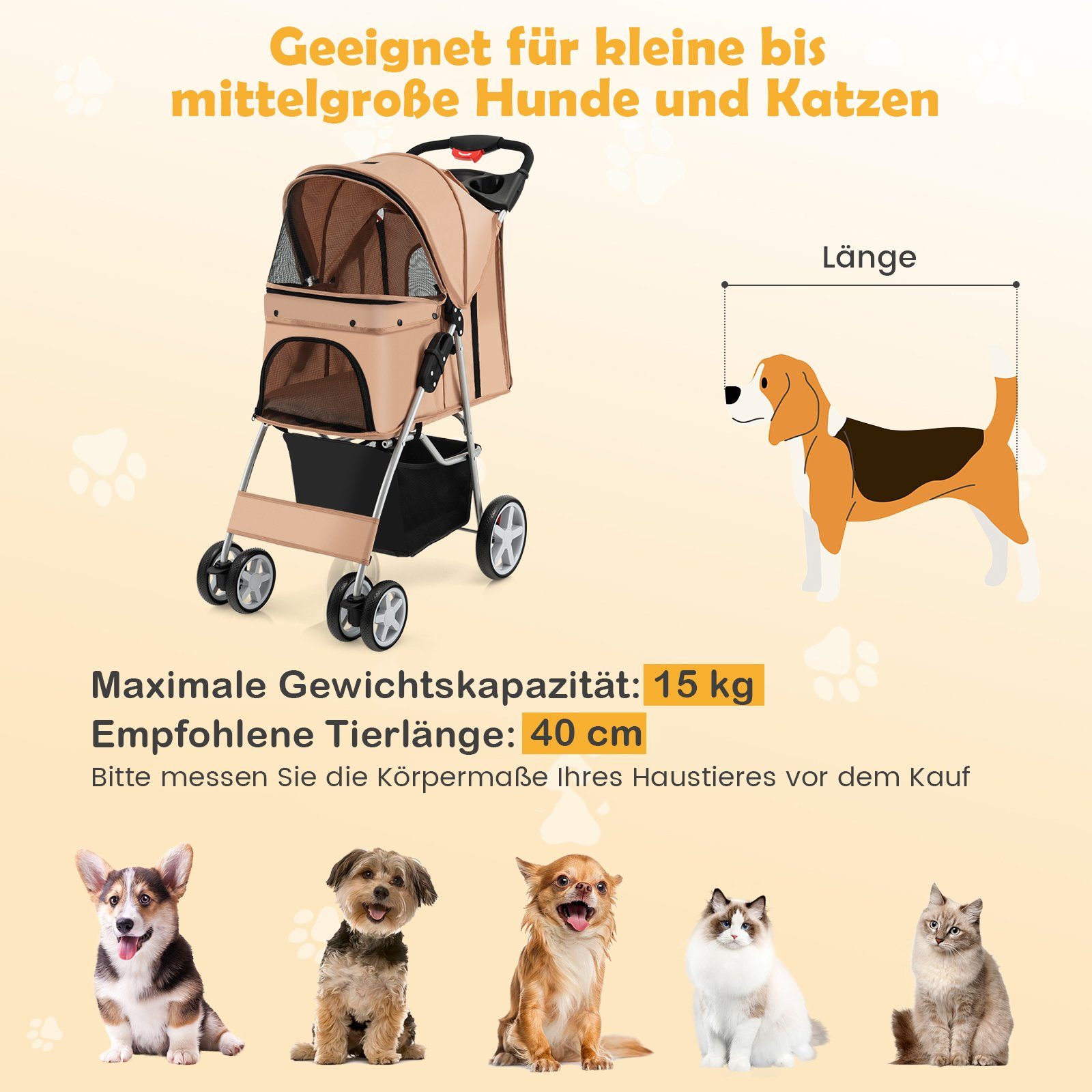 COSTWAY Hundebuggy Hundewagen, Tiertransportbox, mit Gitternetz, bis 15 kg – Bild 5 von 5