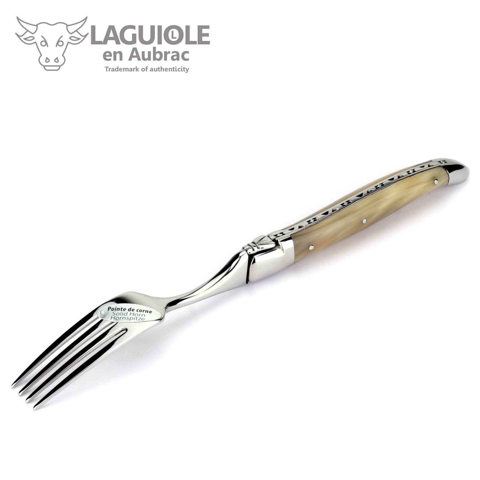 Laguiole en Aubrac Steakbesteck 62F99PCIF-N, 6 Gabeln - Griff Hornspitze - Backen und Gabelteil Stahl glänzend