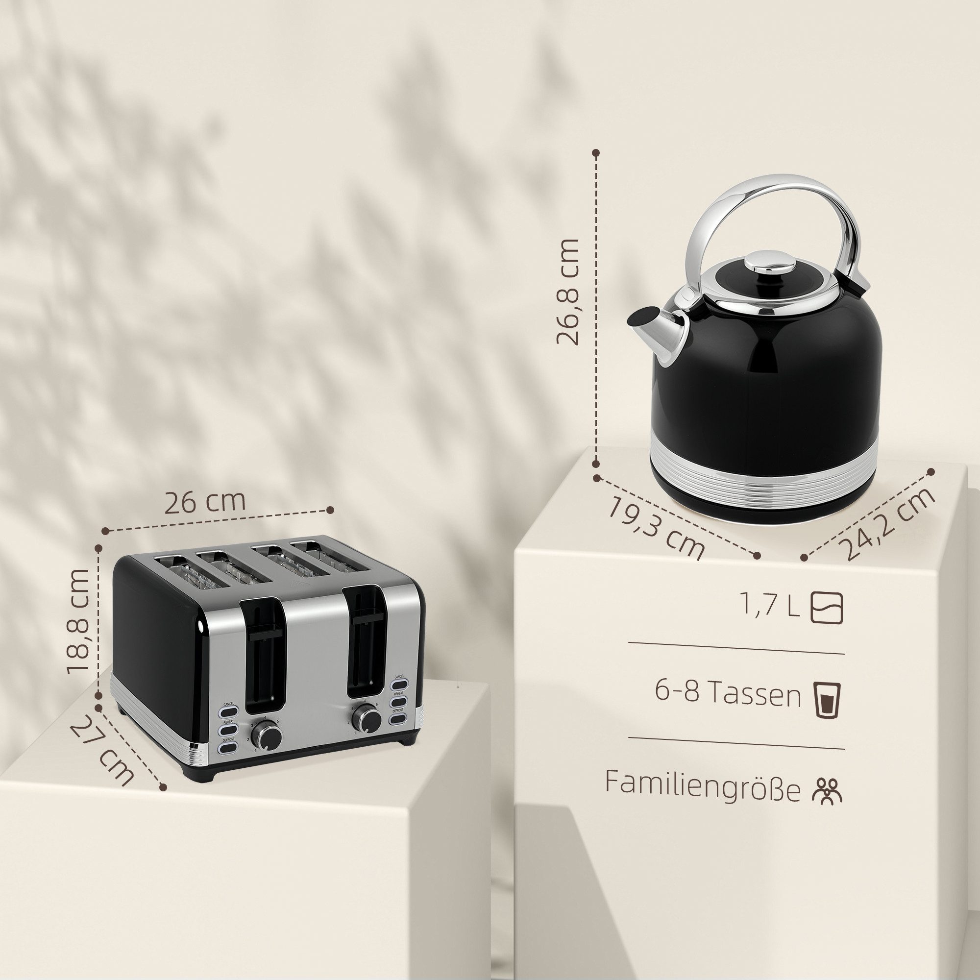HOMCOM Toaster Wasserkocher Set Edelstahl 1,7L, 4 Scheiben, Aufwärmen, Auftauen, Kocher-Toaster-Set, für Frühstückszubereitung, 2200 W, 7 Bräunungsstufen, Krüme – Bild 3 von 5