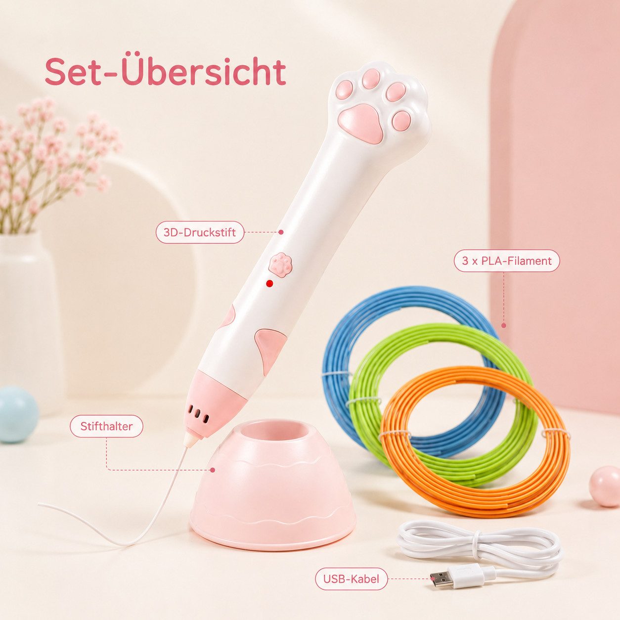 ibettertec 3D-Drucker 3D-Drucker-Stift 3D-Druckstift mit Sockel Keramik-Düse160-235°C, 3 von PLA-Filament, Kindergeschenk Diy Set 3D Stifte für Kinder