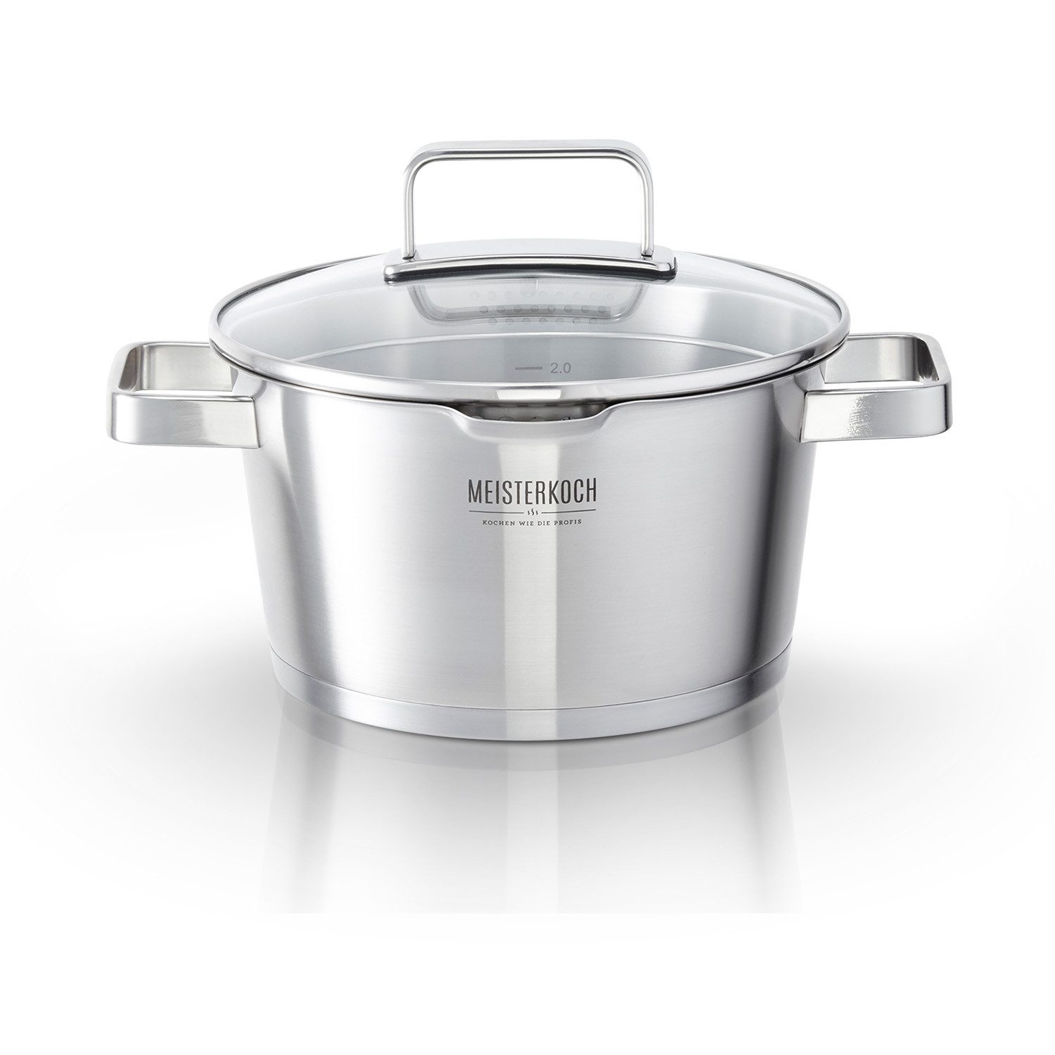 Meisterkoch Kochtopf Fleischtopf Ø 20 cm, integriertes Sieb, Ausguss, Innenskala, Edelstahl, 2,5 Liter Volumen, Glasdeckel, für alle Herdarten inklusive Induktion