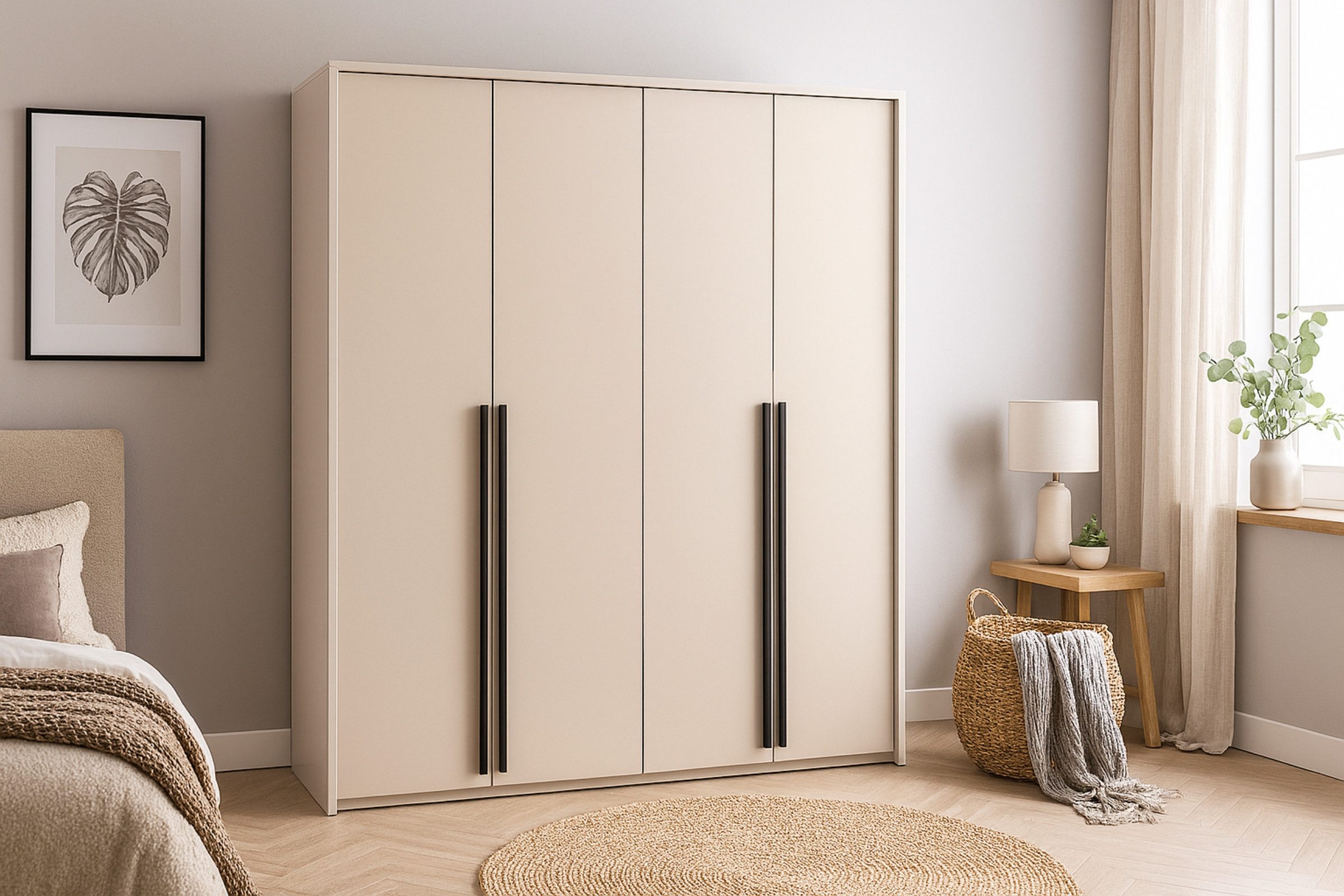 Deine Möbel 24 Kleiderschrank GENEVE 210 cm breit Drehtürenschrank (Set, 1-St., 4-türig Sandbeige Beige Dunklegrün Weiß Matt) ideal für Schlafzimmer Flur