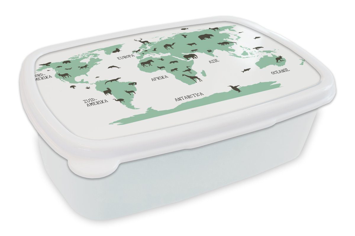 MuchoWow Lunchbox Weltkarte - Kinder - Tiere - Grün - Junge - Mädchen, Kunststoff, (2-tlg), Brotbox für Kinder und Erwachsene, Brotdose, für Jungs und Mädchen weiß