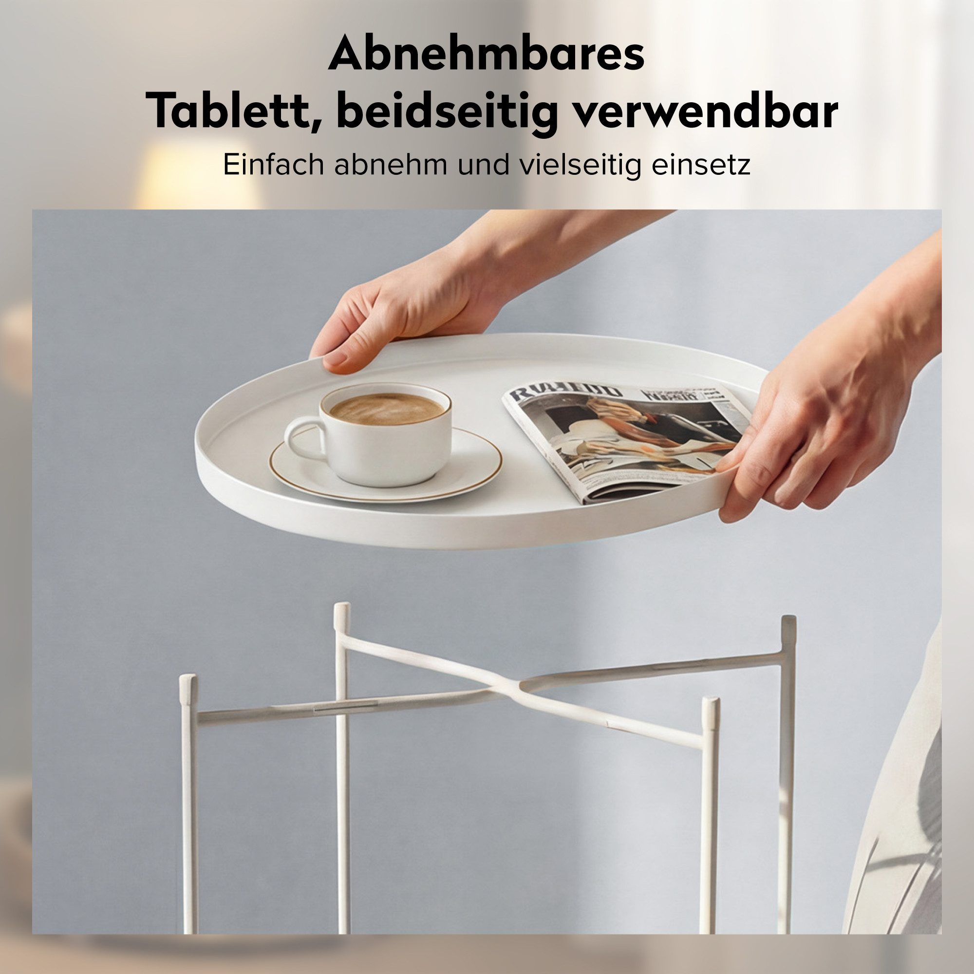 doporro Beistelltisch Couchtisch kleiner Tisch mit 1/2 geflochtenen Ablagen rund Reglo-08, Zwei Materialien zur Auswahl