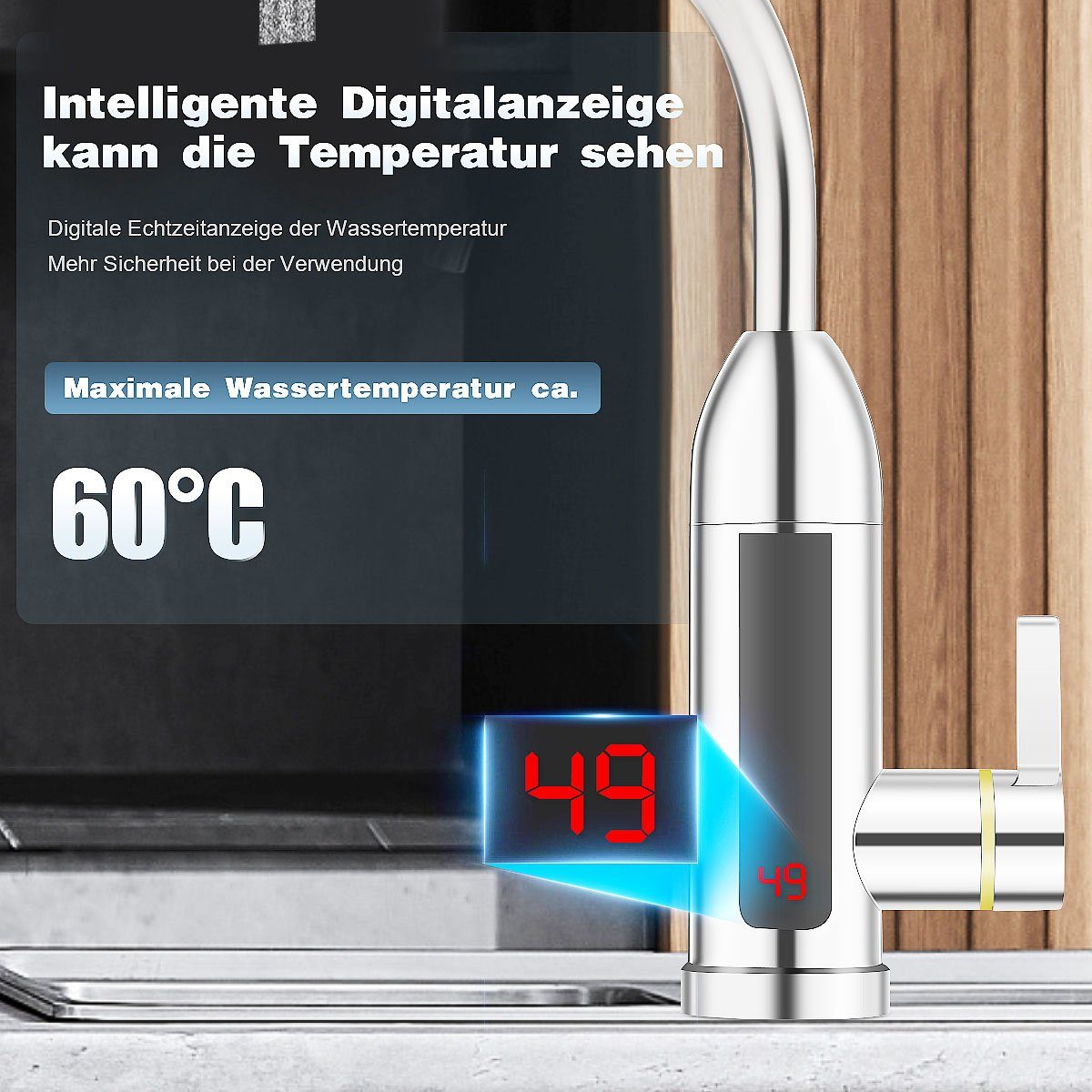 LETGOSPT Klein-Durchlauferhitzer 3000W Elektrischer Küchenarmatur Digitale Wasserhahn, Wasserhähnen, Edelstahl Schwenkbar 0-60 360° LED ℃ Küchenarmatur, Temperaturanzeige