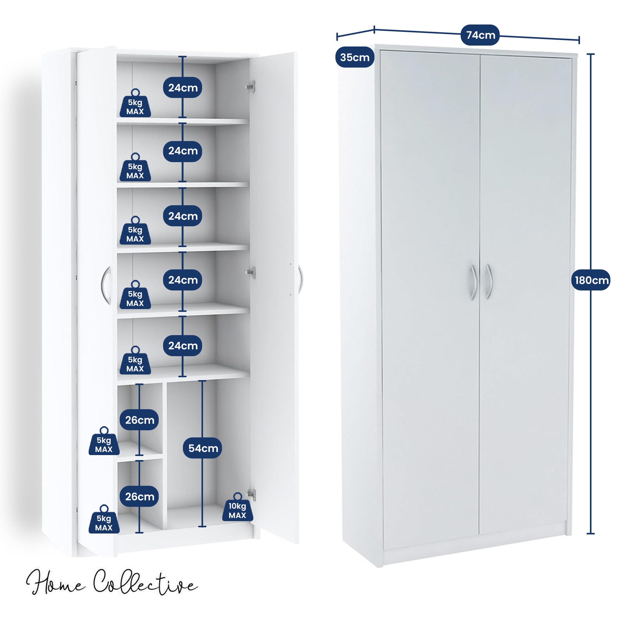 Home Collective Mehrzweckschrank mit 8 Fächern Besenschrank Haushaltsschrank (74 cm breit aus Laminatplatte und hochwertigen Polymergriffen) in mattem Finish mit 6 Einlegeböden und 2 Türen weiß