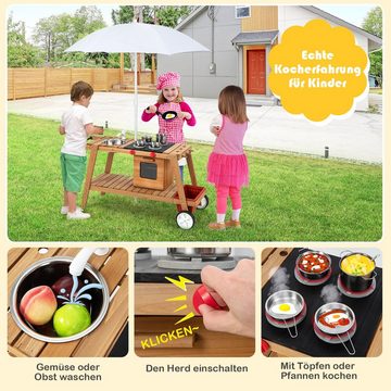 COSTWAY Outdoor-Spielküche Matschküche Holz, mit Sonnenschirm, aus Holz