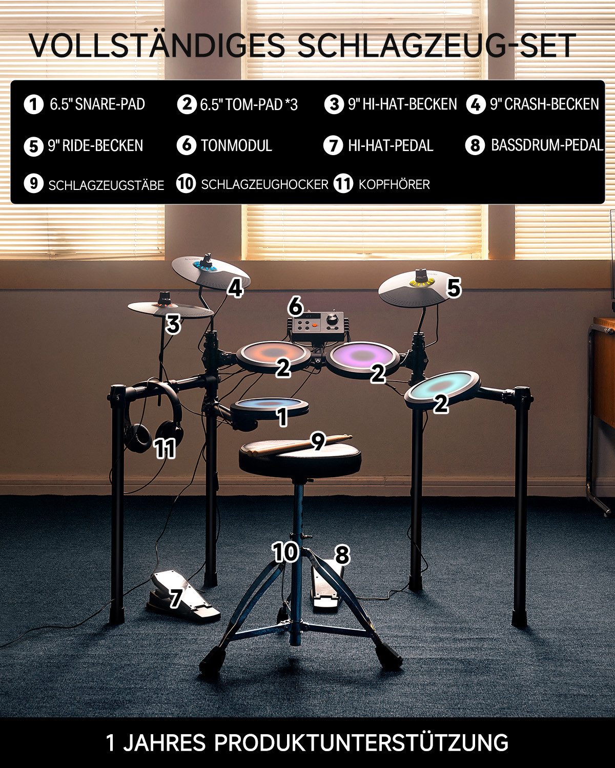 Donner E-Drum DED-70 Upgraded E-Drum Kit 150 Töne 15 Schlagzeug-Kits+ Unterricht,Komplettset, Sitzhocker; Kopfhörer, Integrierte Effekte, Leichtgewichtig, Programmierbar, Wetterbeständig