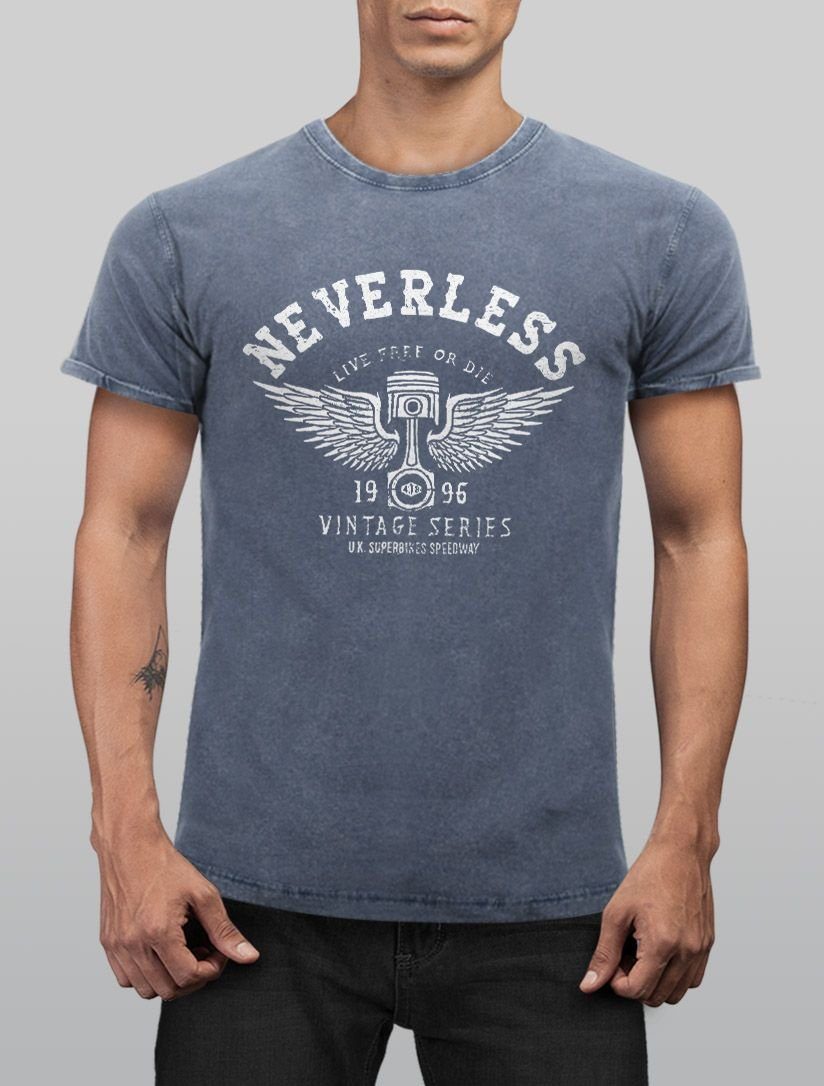 Neverless Print-Shirt Vintage blau Used Angesagtes Herren Look mit Print Retro Auto Cooles Neverless® Slim Kolben Fit Shirt T-Shirt