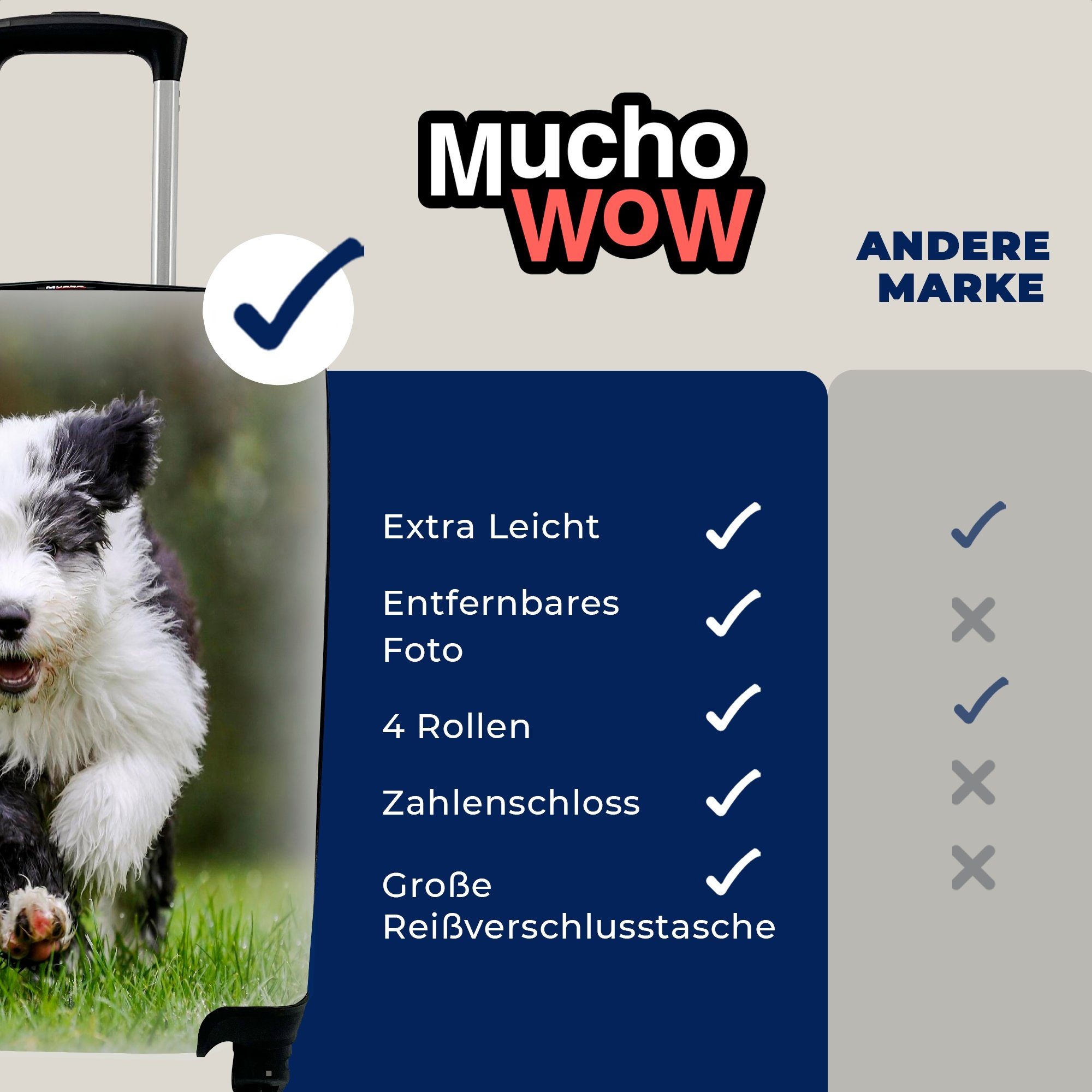 MuchoWow Handgepäckkoffer Welpe läuft durch mit das 4 Reisetasche Handgepäck rollen, Rollen, Reisekoffer Gras, Trolley, Ferien, für
