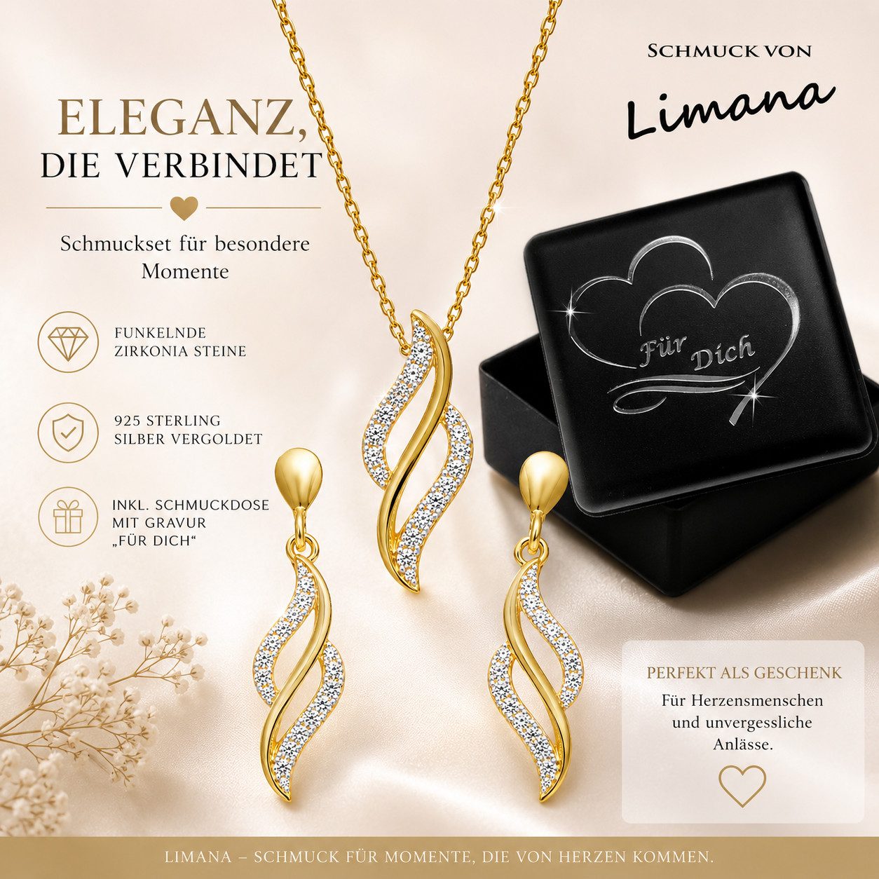 Limana Schmuckset Harmonie Damen Halskette Anhänger Ohrringe 925 Silber gold (Geschenk Set für Frau Freundin inkl. Schmuckbox), Geburtstag Jahrestag Hochzeitstag Weihnachten Muttertag