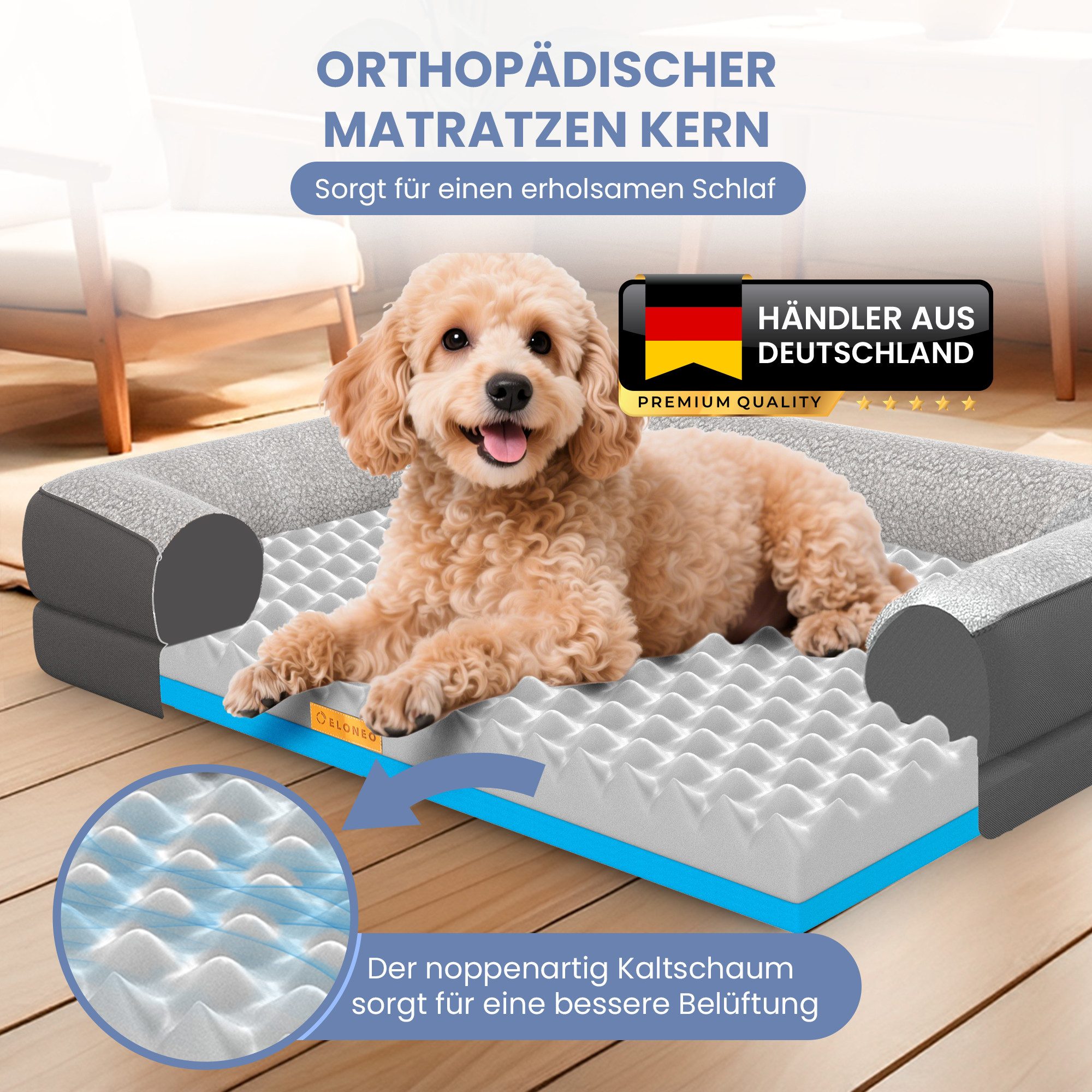 ELONEO Hundebett ELONEO - Orthopädisches Premium Hundebett, gelenkschonend, waschbar, Aus kuscheligem Sherpa-Fleece und strapazierfähigem Sofastoff