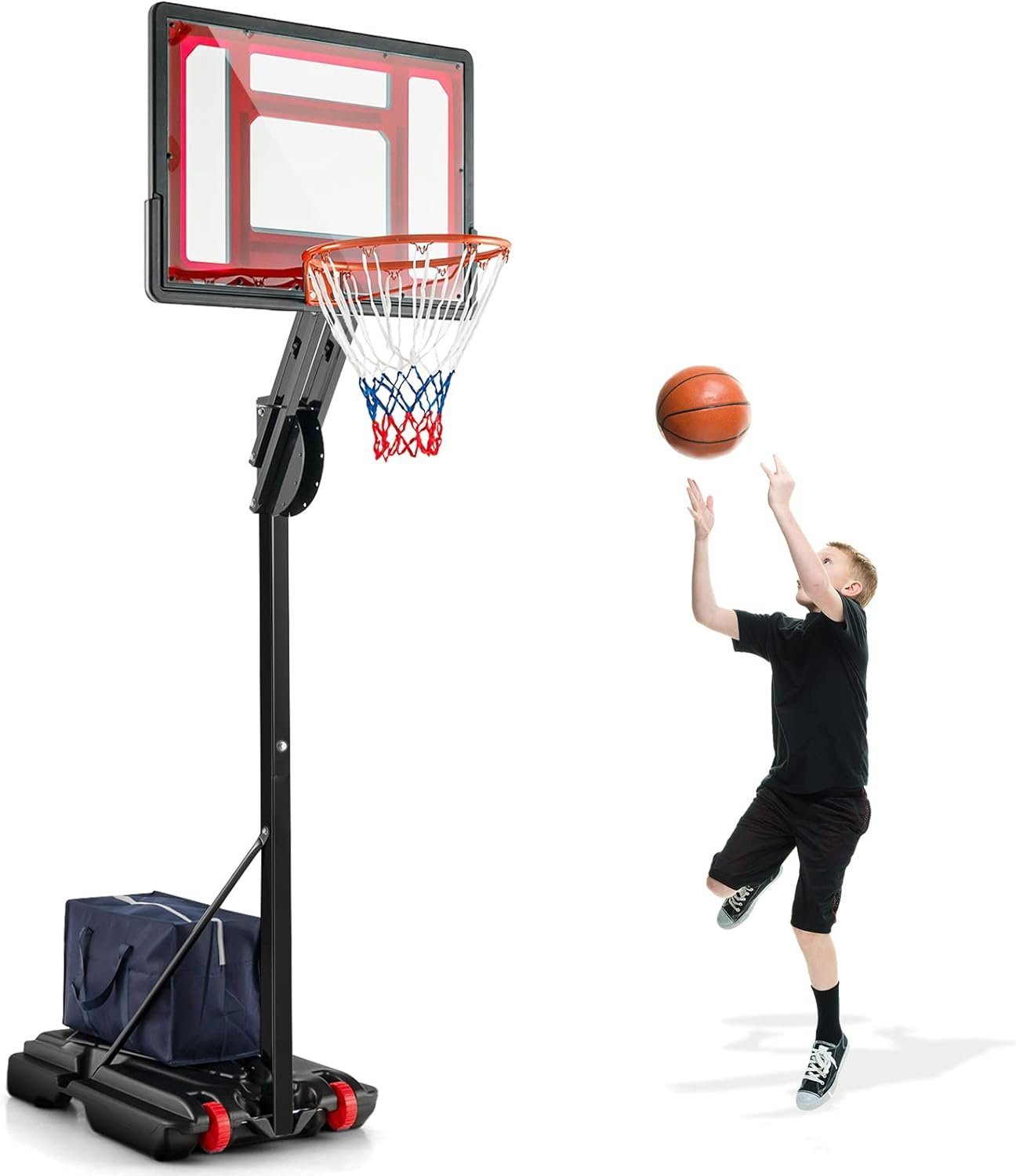 KOMFOTTEU Basketballkorb, mit Ständer & 2 Rädern, Korbhöhe von 105-260 cm