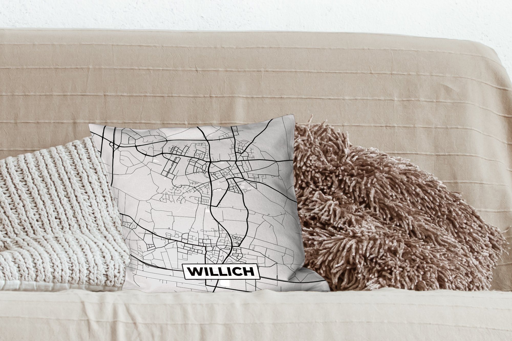 Sofakissen Zierkissen mit Deko, MuchoWow Schlafzimmer, - - für Wohzimmer, Stadtplan, Karte - Willich Deutschland Dekokissen Füllung - Karte