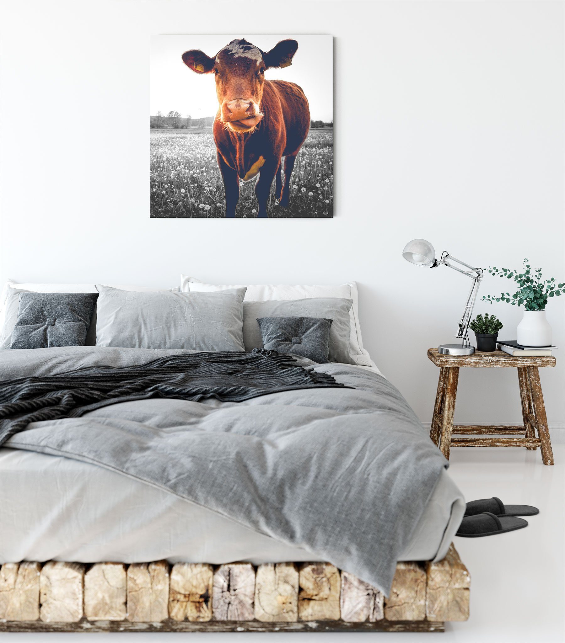 Pixxprint Leinwandbild Kuh inkl. Butterblumenwiese, St), auf Zackenaufhänger Kuh fertig Butterblumenwiese Leinwandbild auf (1 bespannt