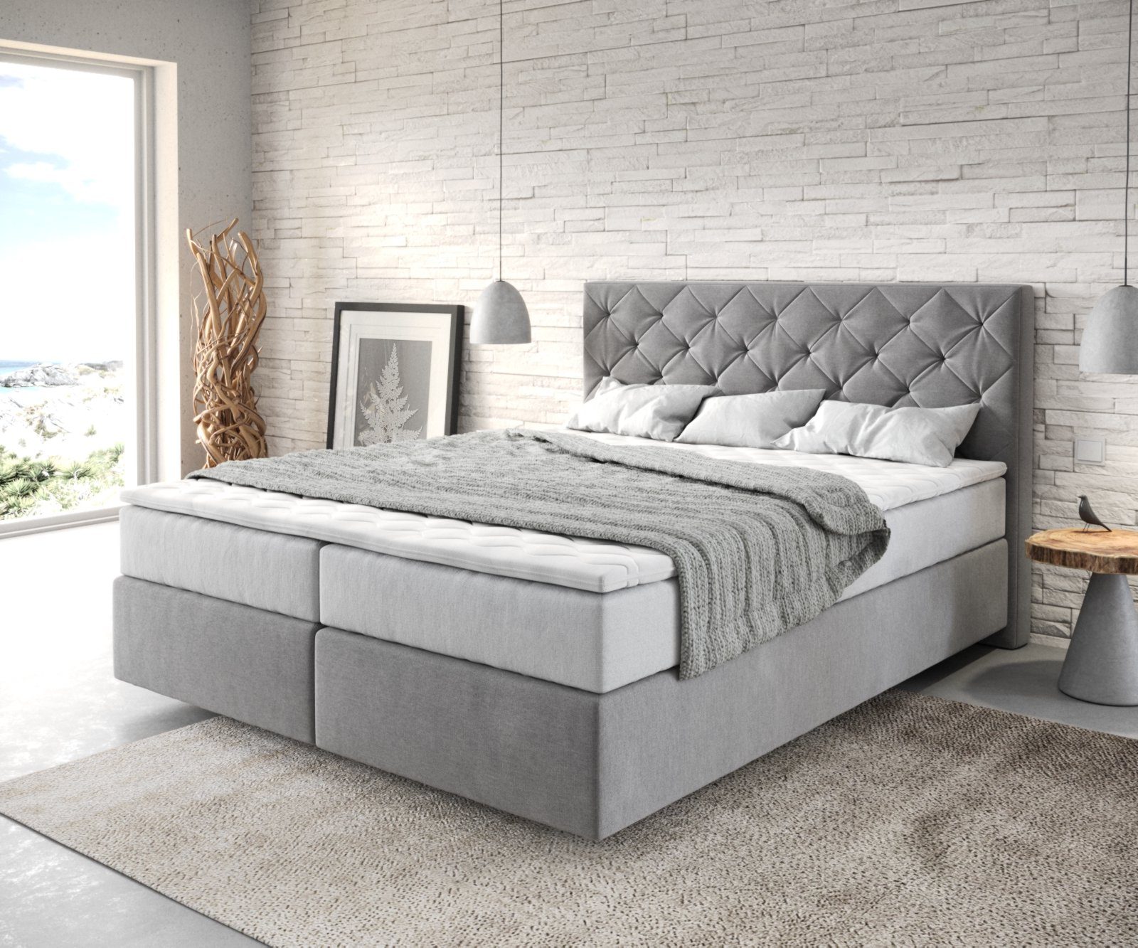 DELIFE Boxspringbett Dream-Great, Mikrofaser Grau 160x200 cm mit TFK Matratze und Visco Topper