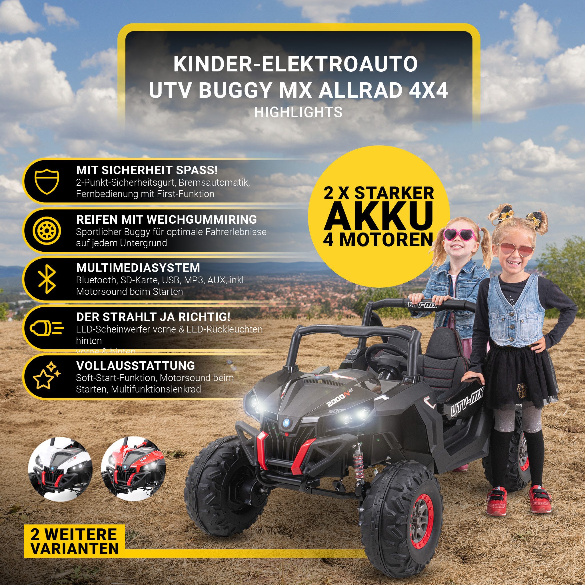 Actionbikes Motors Elektro-Kinderauto Elektroauto UTV Buggy MX, Belastbarkeit 50 kg, (2-tlg), inkl. Fernbedienung - 4x 12 V Motoren - Softstart - ab 3 J.