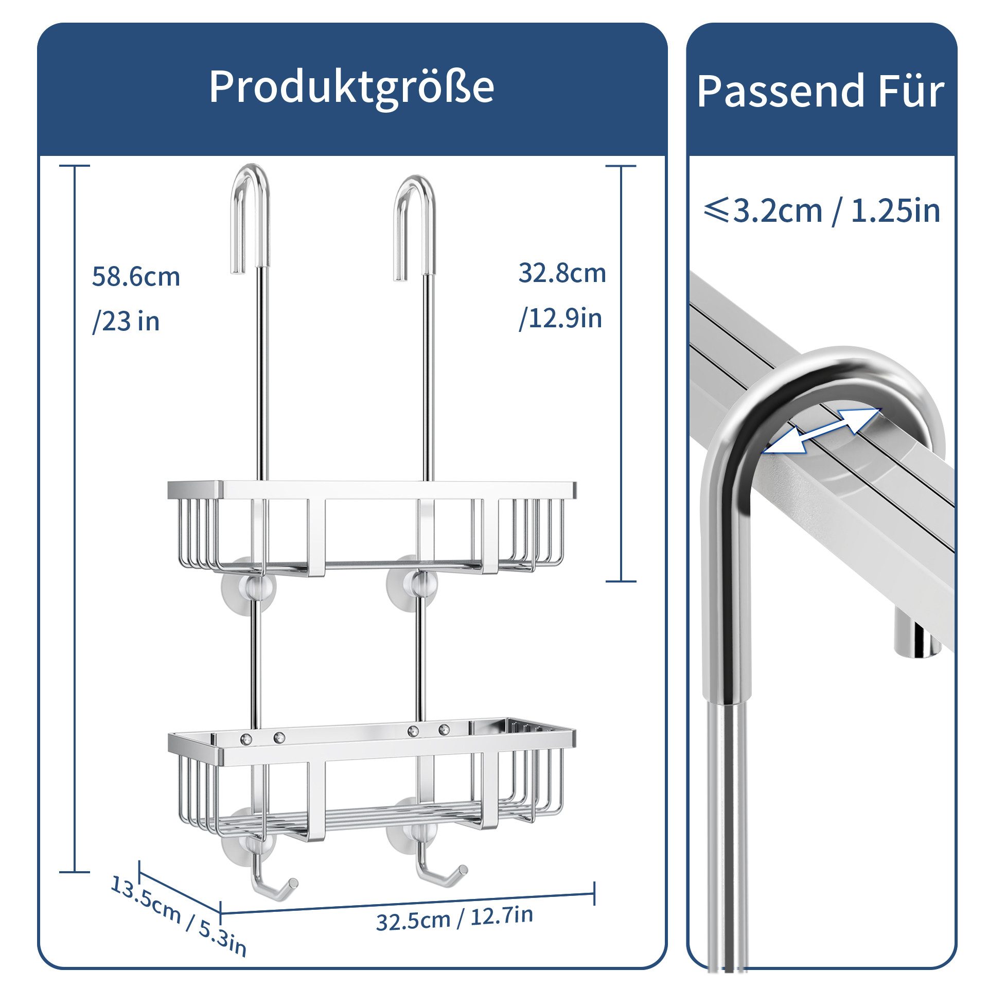 niffgaff Duschablage zum Hängen ohne Bohren – für Glastür, 32,5x13,5x58,6cm, 1-tlg., Edelstahl Silber, als Halterung für Shampoo & Duschgel