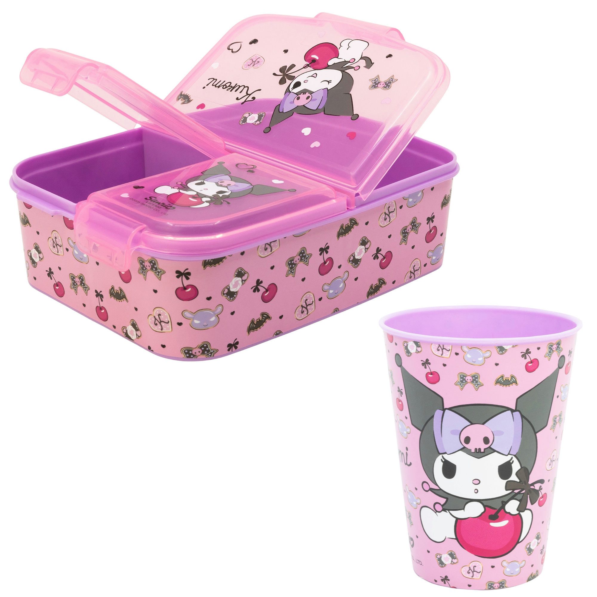 SANRIO Lunchbox Kuromi Sanrio 2 tlg. Lunch Set Brotdose 3 Kammern Trinkbecher 260 ml, (Spar-Set, 2-tlg., Spar-Set)