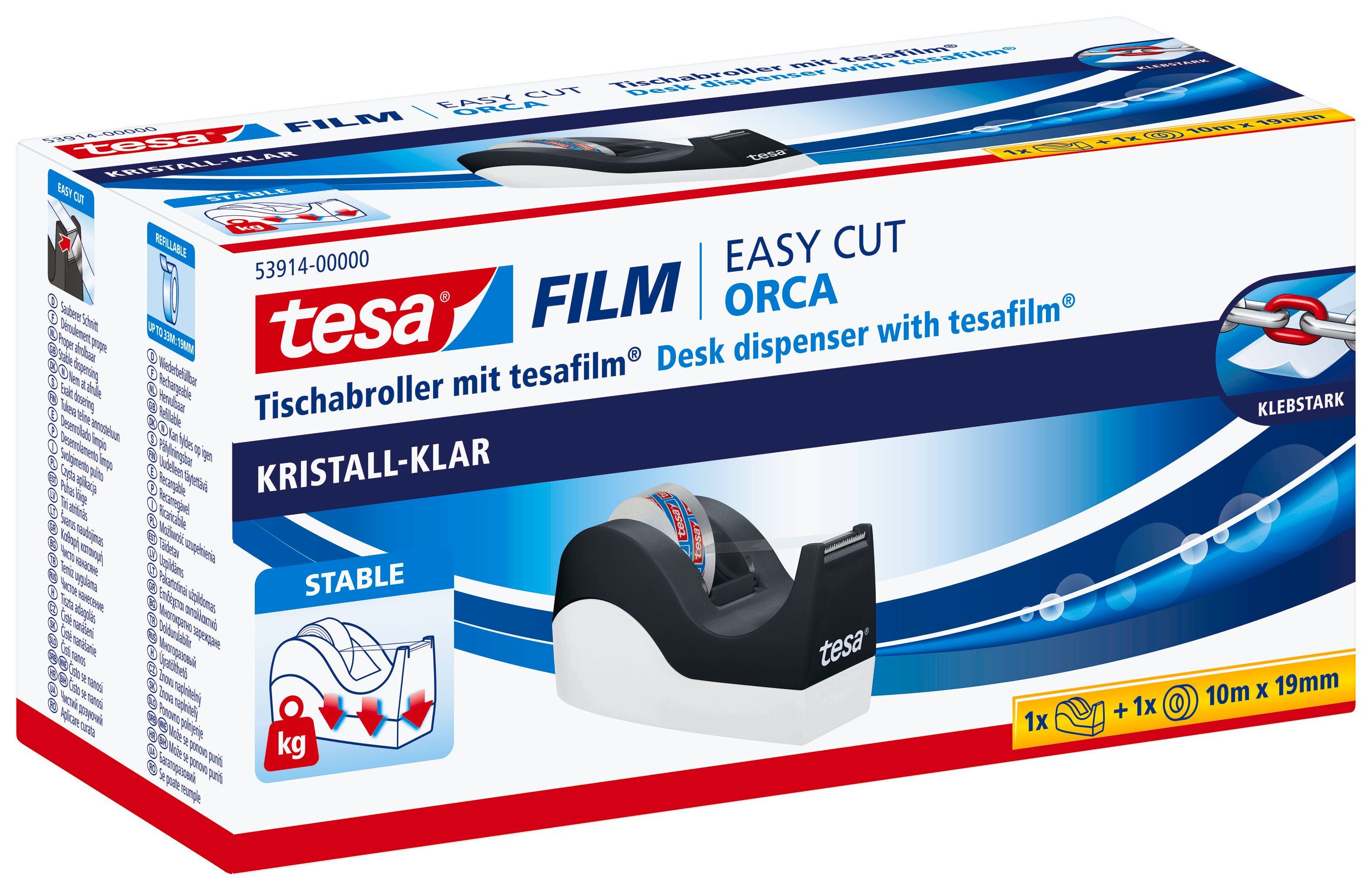 tesa Klebeband EASY CUT ORCA Abroller mit tesafilm (Kombi-Set, 1-St) Klebefilmabroller inkl. 1 Rolle tesafilm kristall-klar - schwarz-weiß schwarz / weiß