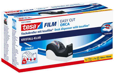 tesa Klebeband EASY CUT ORCA Abroller mit tesafilm (Kombi-Set, 1-St) Klebefilmabroller inkl. 1 Rolle tesafilm kristall-klar - schwarz-weiß