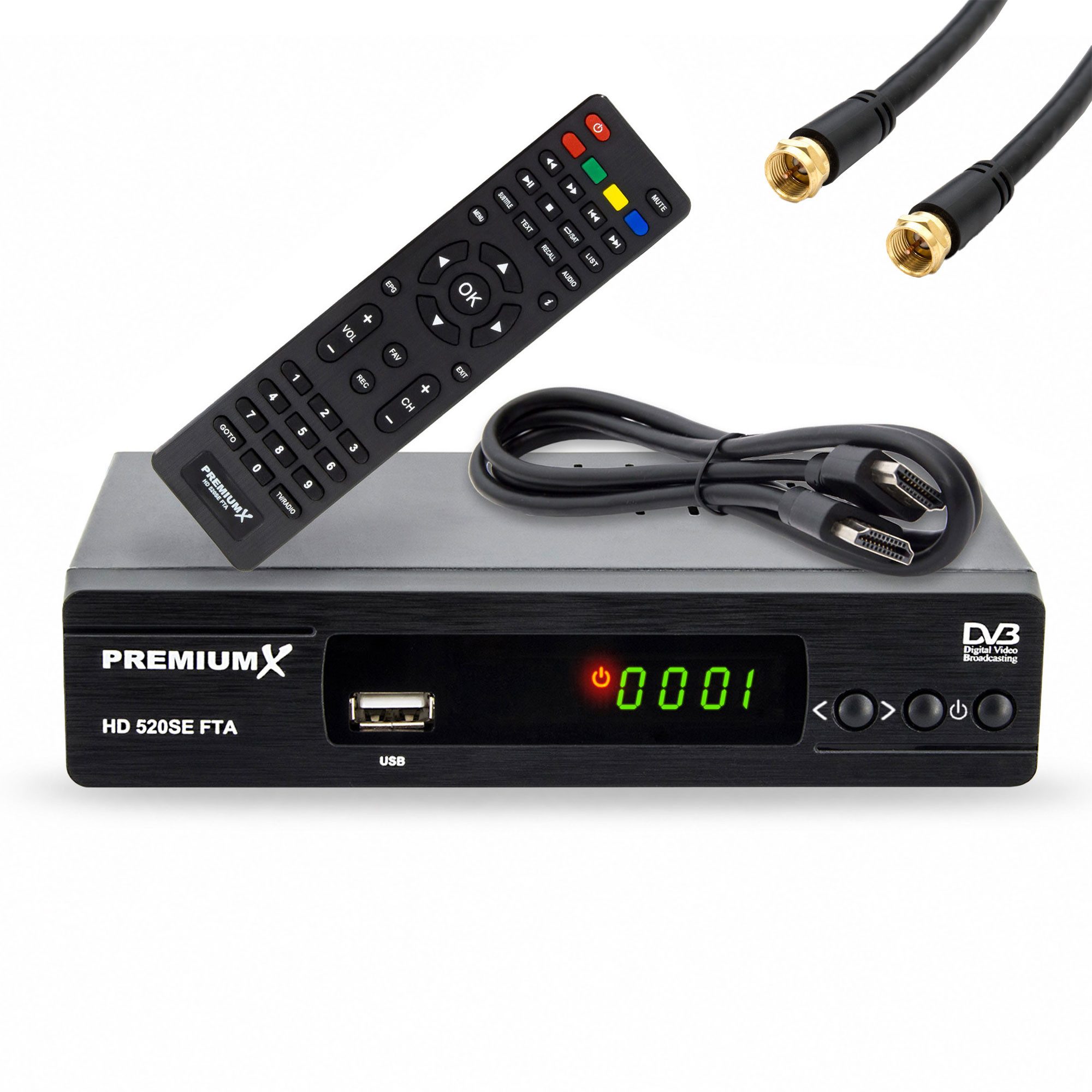 PremiumX HD 520SE-B FTA Digital SAT Receiver DVB-S2 HDMI SCART Antennenkabel SAT-Receiver