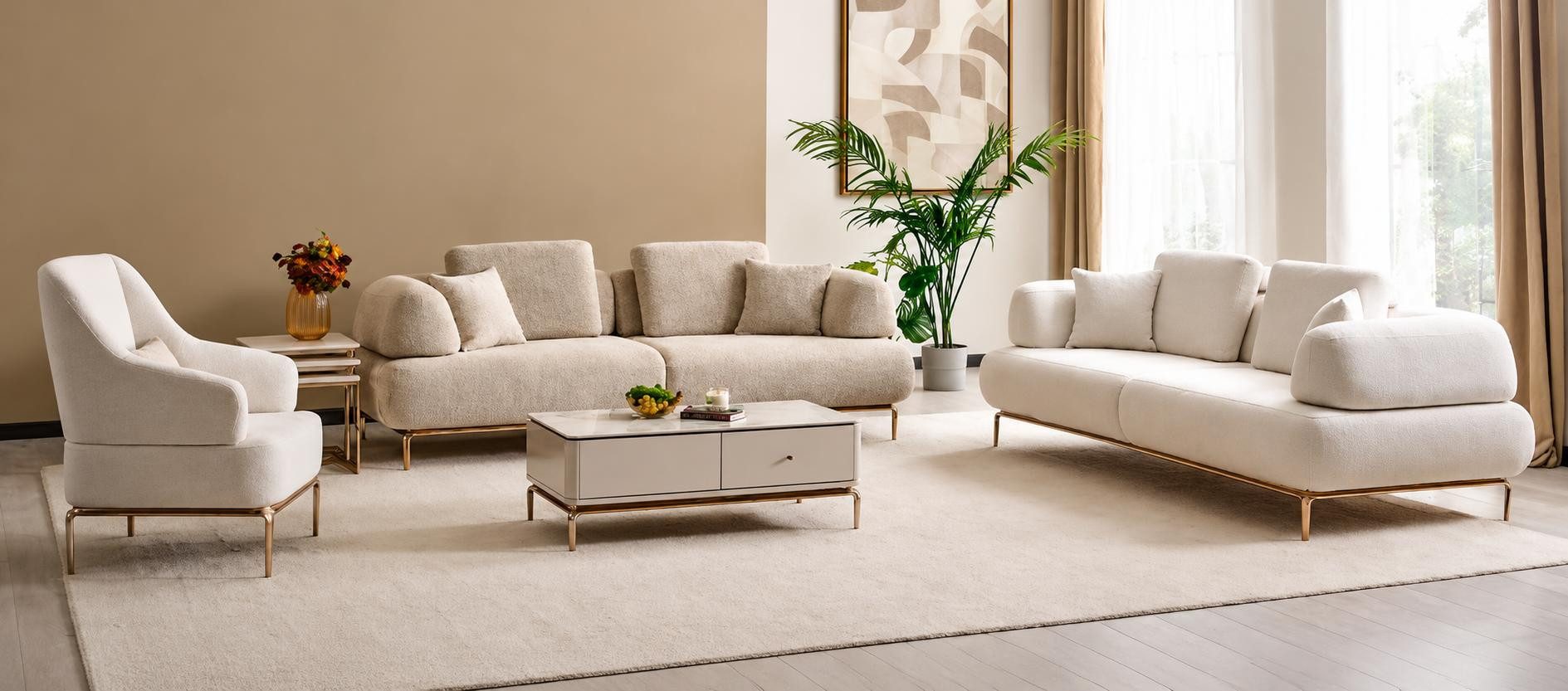 JVmoebel Polstergarnitur Beige Sofaset mit 2 Sofas und 1 Sessel, Elegante Goldene Metallbeine, (3-tlg), Made in Europa