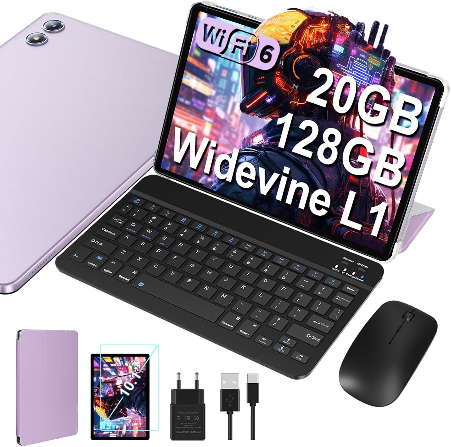 JUEDUR Neuestes (1 TB TF), 5G + 2,4G WiFi 6, Octa-Core 1,8 GHz, Widevine L1, Tablet (10", 128 GB, Android 14, mit 1280 x 800 Pixel 6000 mAh Akku,BT 5.0, inklusive Tastatur und Maus)