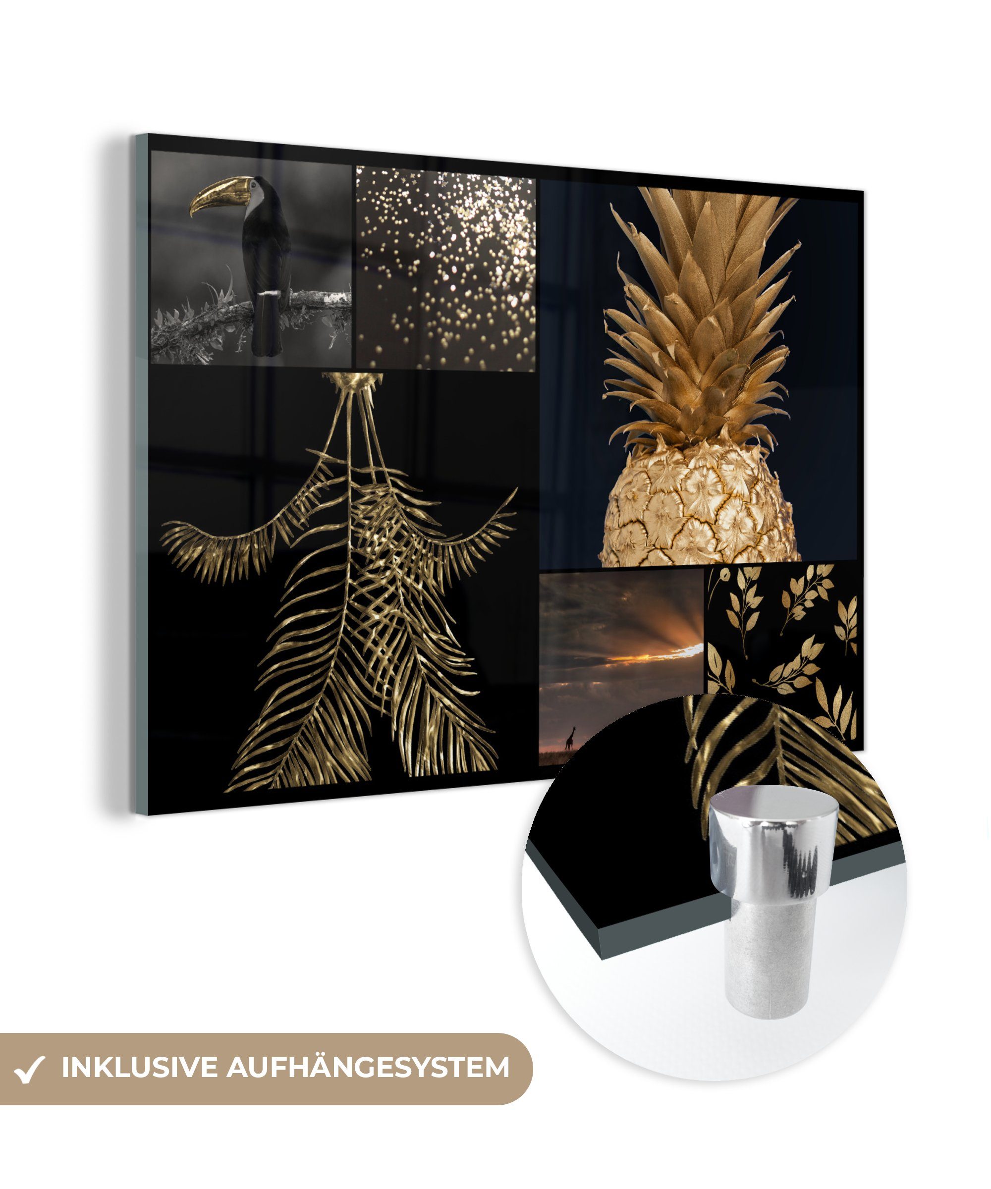 MuchoWow Acrylglasbild Collage - Gold - Früchte - Glitter, (1 St), Glasbilder - Bilder auf Glas Wandbild - Foto auf Glas - Wanddekoration