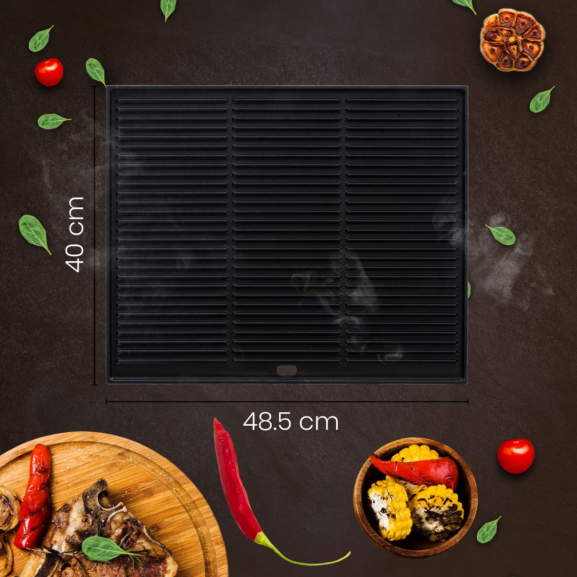 CLP Grillplatte Wendeplatte Steakplatte Grillzubehör (Spar-Set, 1-St., 48,5 x 40 cm massiv), Wendeplatte, geriffelt & glatt, voreingebrannt