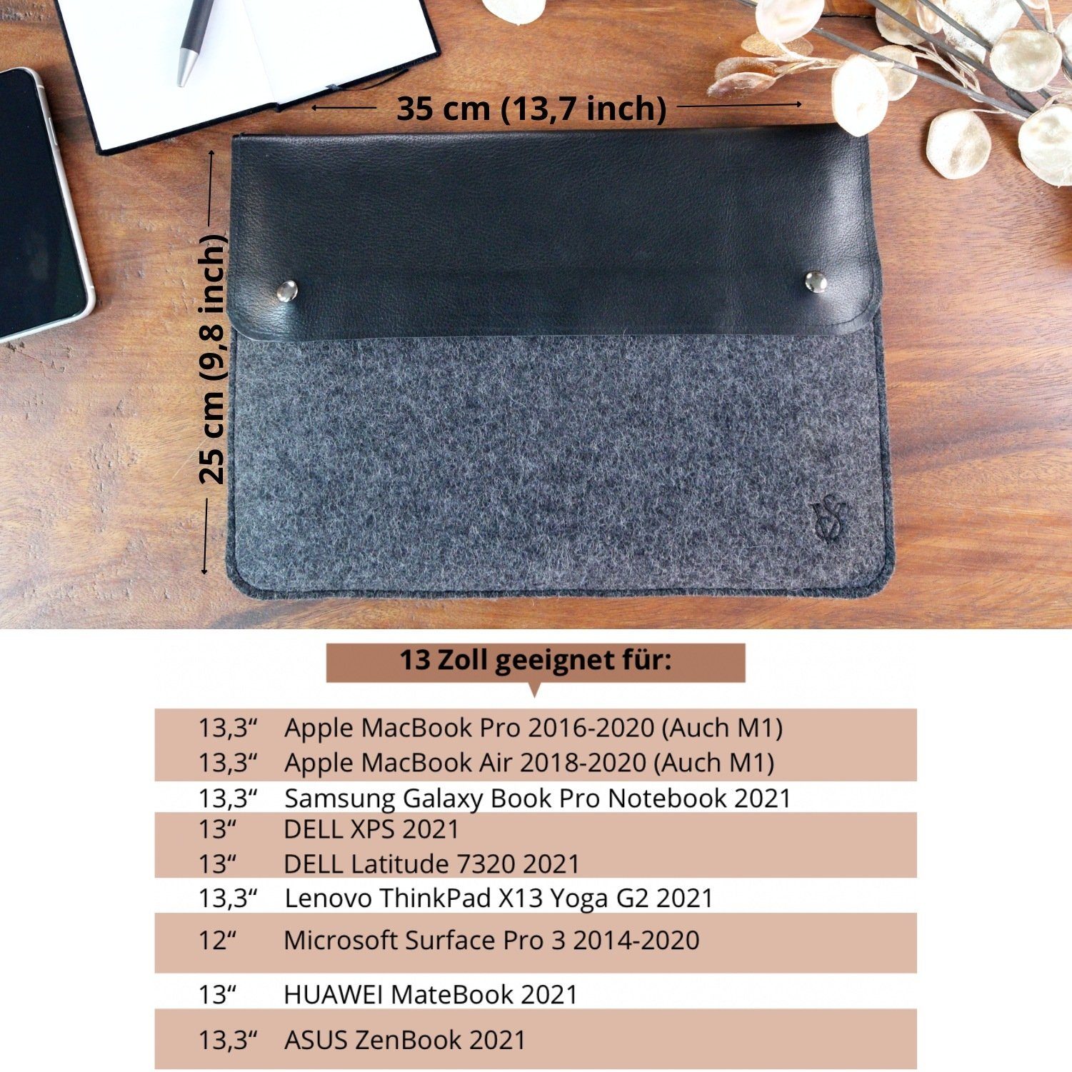 25 Leder, Größe (1-tlg., Laptoptasche Wollfilz 35 ViSation Notebooktasche Germany, Schutzhülle Made x in cm),