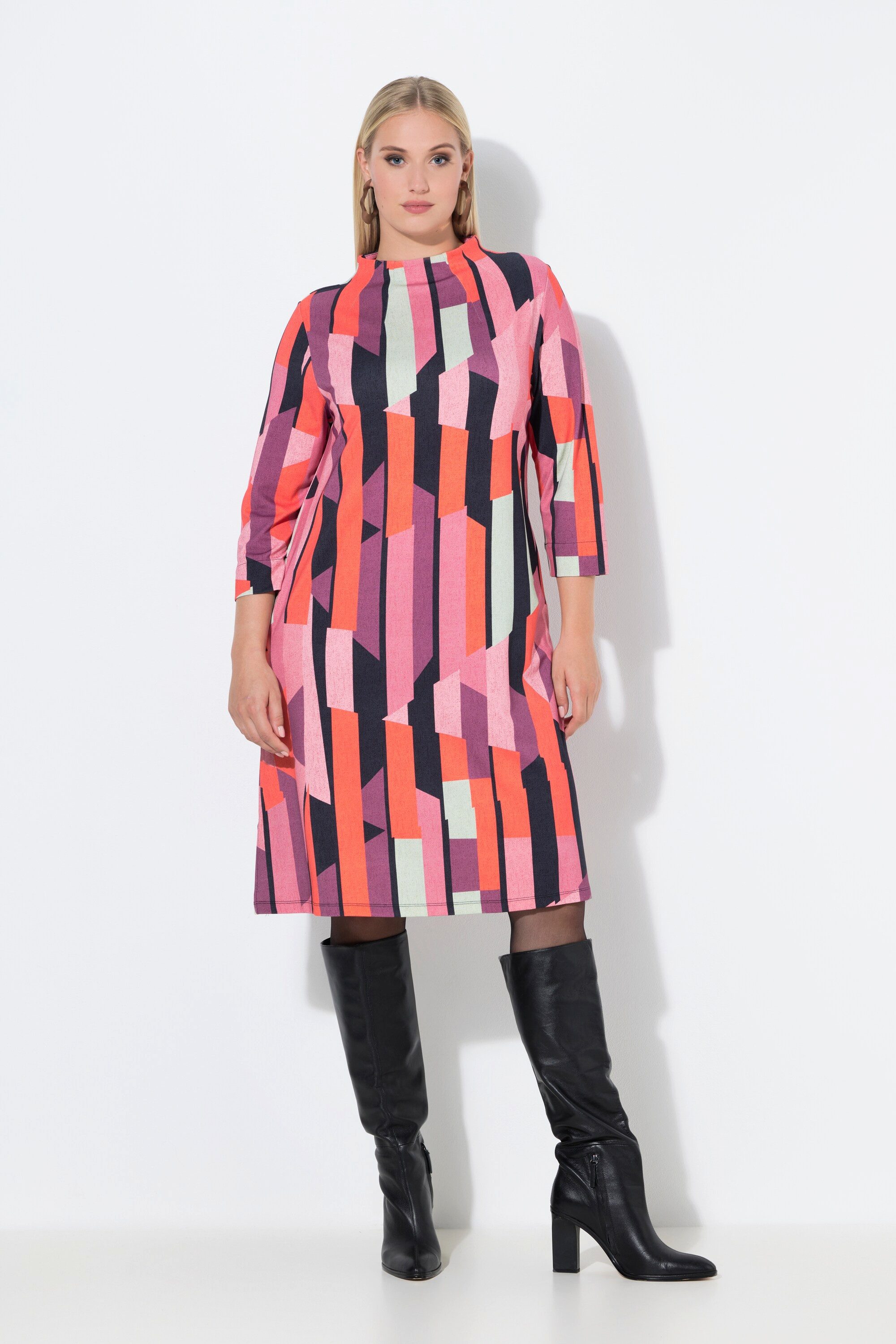 Ulla Popken Minikleid Punto-Kleid Streifen A-Linie Stehkragen 3/4-Arm günstig online kaufen