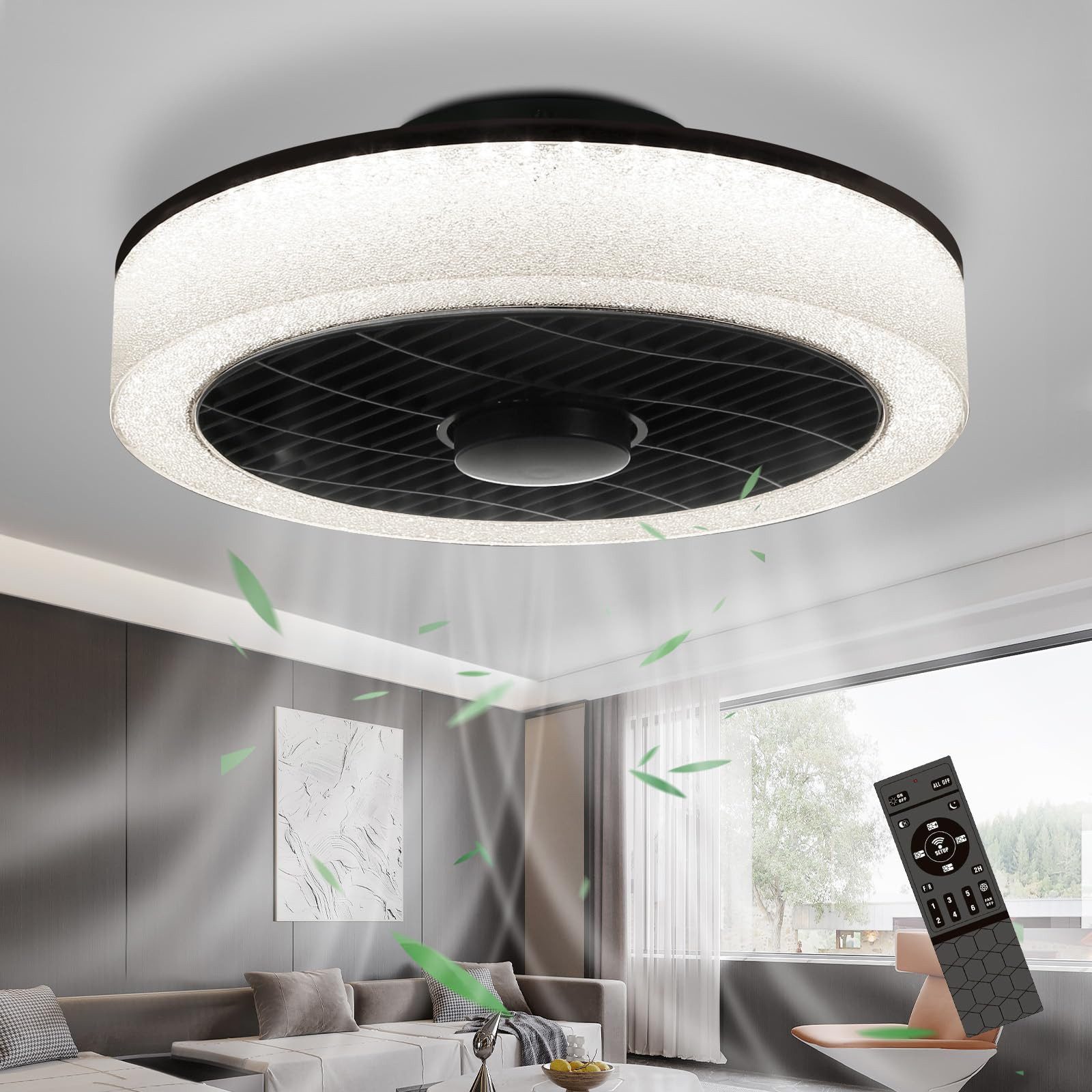 Deckenventilator Dimmbar Leise Led Deckenleuchte Licht und Fernbedienung Timer 40/50 CM
