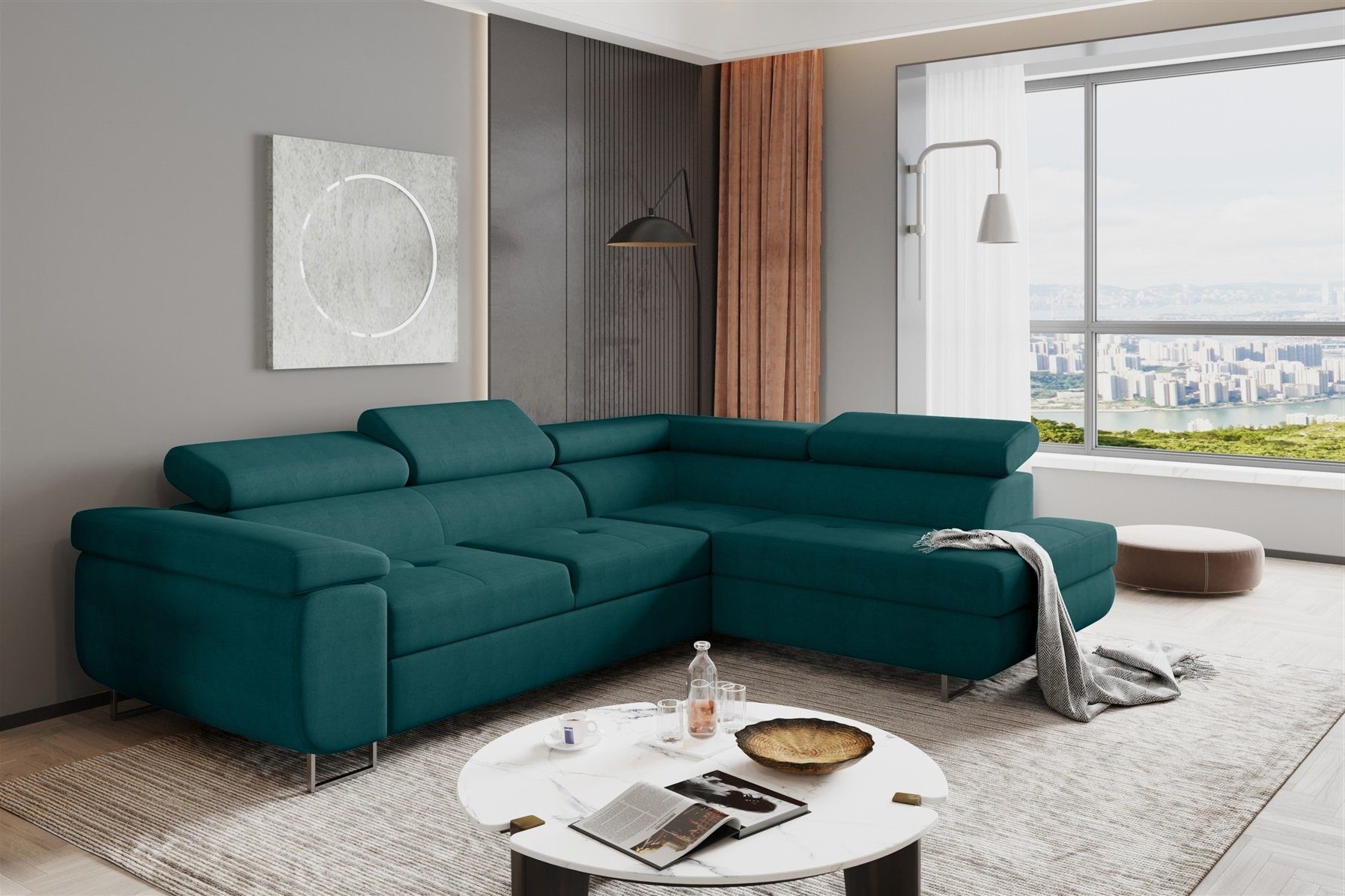 Fun Möbel Ecksofa Couchgarnitur JADE Stoff Türkis Schlaffunktion Ottomane Rechts Links, 1 Teile, mit Schlaffunktion