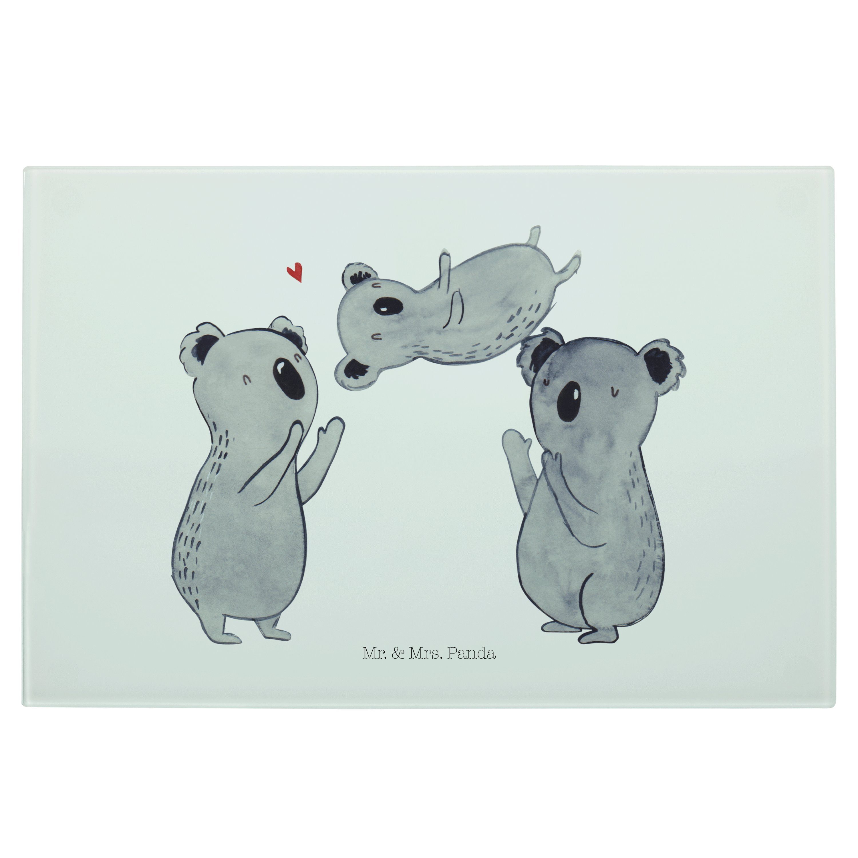 Mr. & Mrs. Panda Servierbrett Koala Feiern Sich - Weiß - Geschenk, Partyhüte, Schneidebrett, Happy, Premium Glas, (1-St)