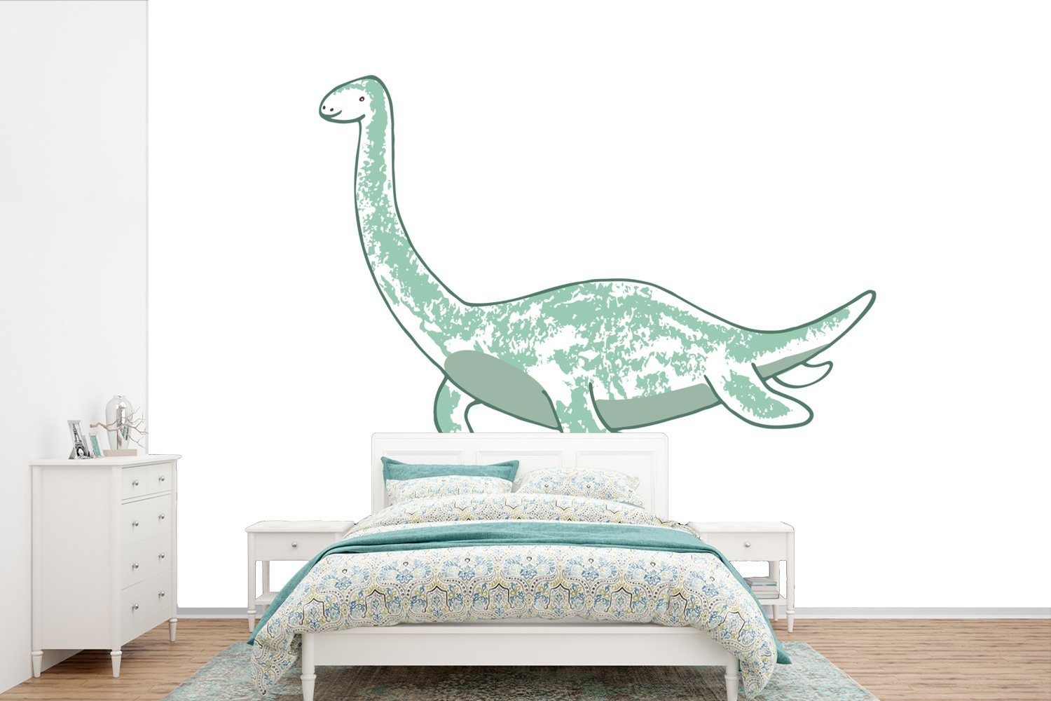 MuchoWow Fototapete Kinderzimmer - Plesiosaurier - Dinosaurier - Junge - Mädchen - Kind, Matt, bedruckt, (6 St), Wallpaper für Wohnzimmer, Schlafzimmer, Kinderzimmer, Vinyl Tapete